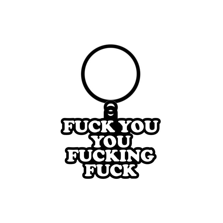 Black metal keychain with profanity text.