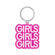 Girls Girls Girls neon sign enamel keychain with a silver ring.