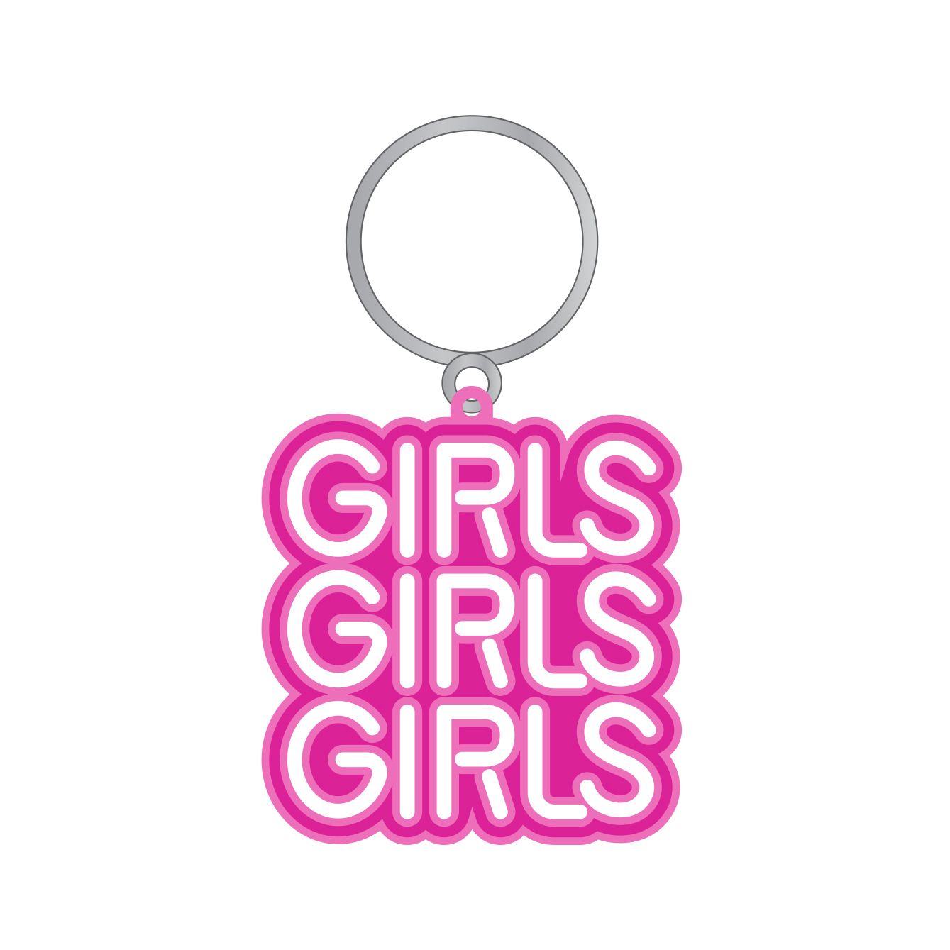 Girls Girls Girls neon sign enamel keychain with a silver ring.