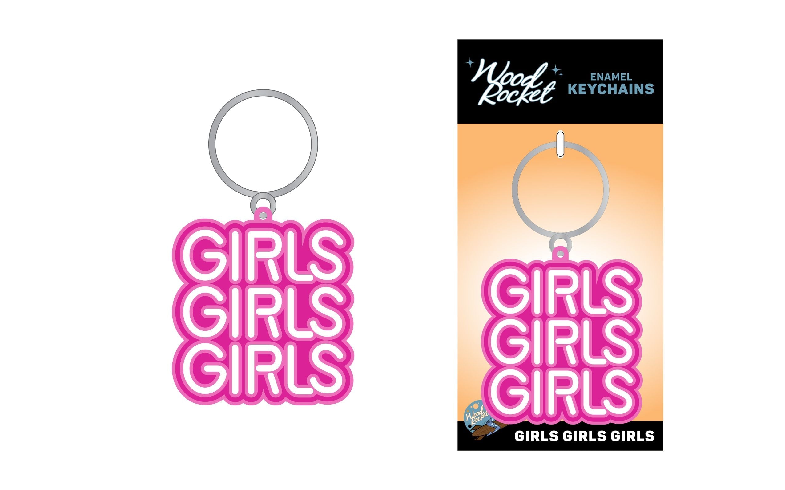A pink and white enamel keychain with "Girls Girls Girls" stacked three times.