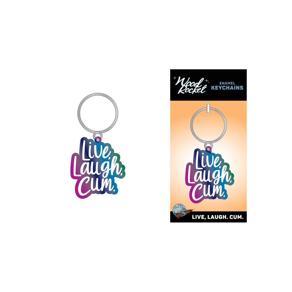 Live Laugh Cum enamel keychain with rainbow metal finish.