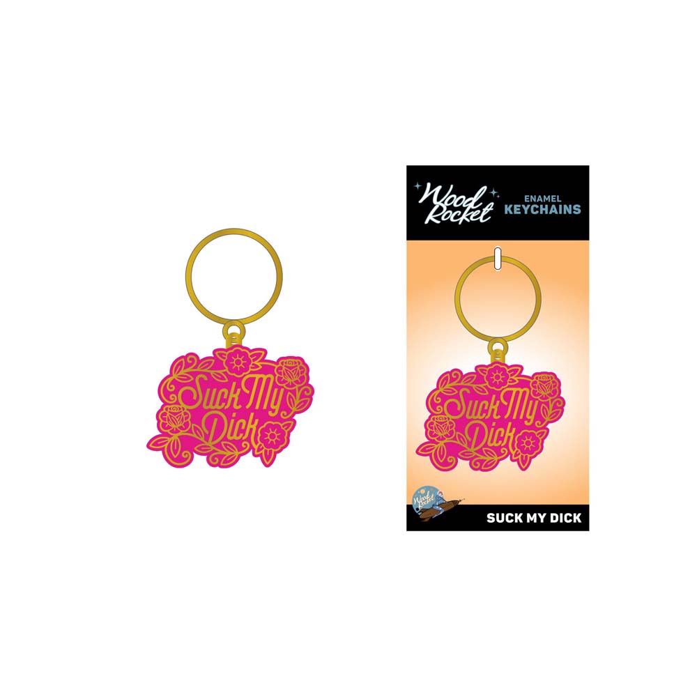Pink and gold enamel keychain with "Suck My Dick" text and floral design.
