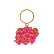 Pink and gold enamel keychain with "Suck My Dick" text and floral design.