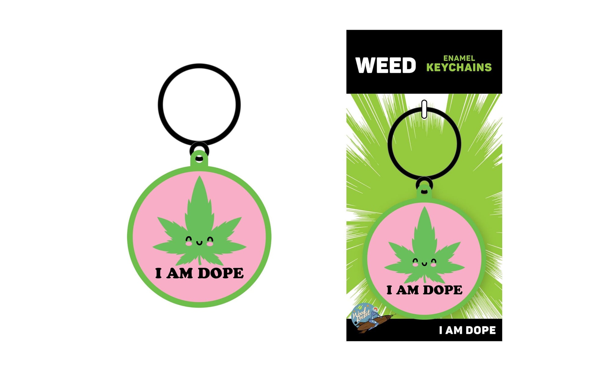 A pink and green enamel keychain with a smiling cannabis leaf and the text "I AM DOPE".