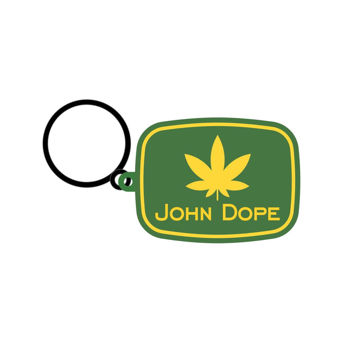 Green and yellow John Dope keychain with a cannabis leaf logo.