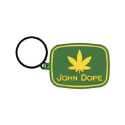 Green and yellow John Dope keychain with a cannabis leaf logo.