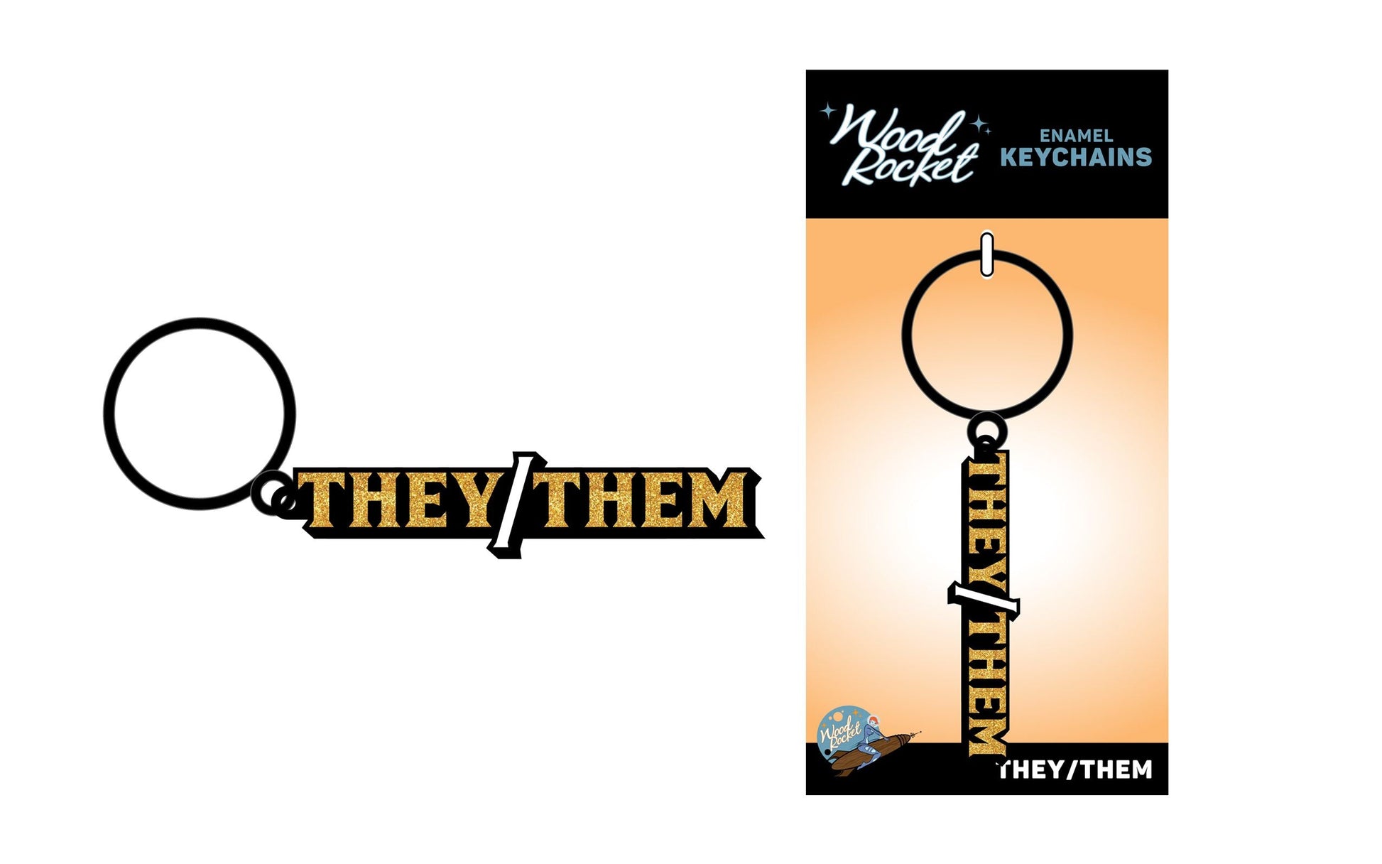 A They/Them pronoun keychain with gold glitter lettering.