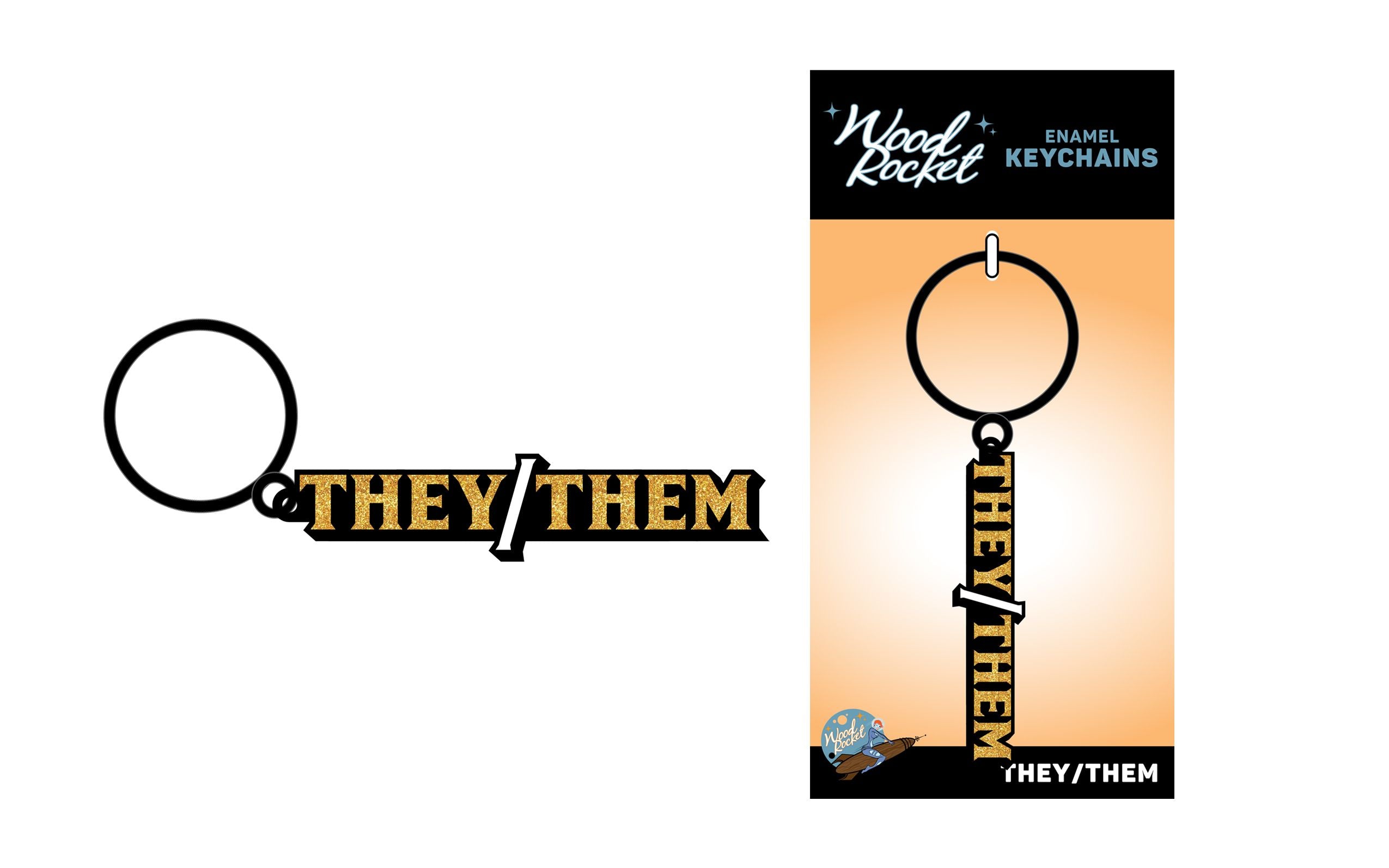 A They/Them pronoun keychain with gold glitter lettering.