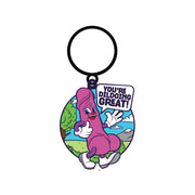A cartoon dildo keychain with the phrase "You're Dildoing Great!".