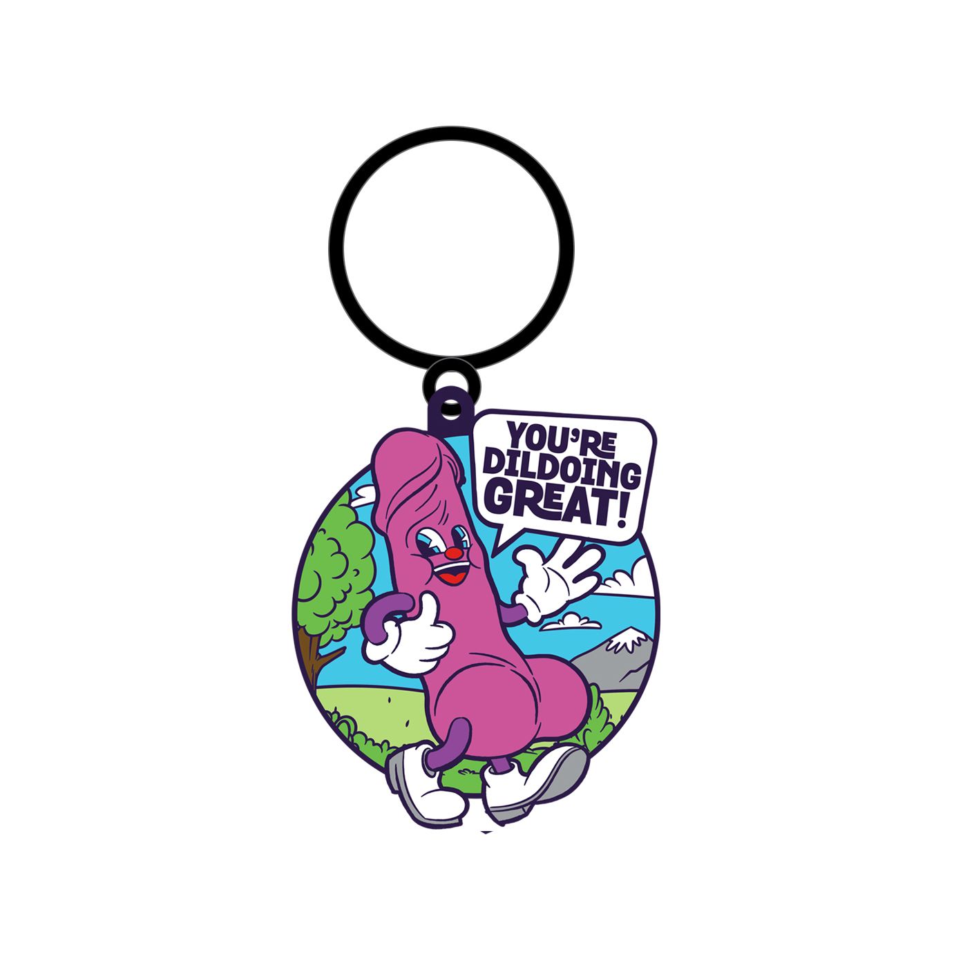 A cartoon dildo keychain with the phrase "You're Dildoing Great!".