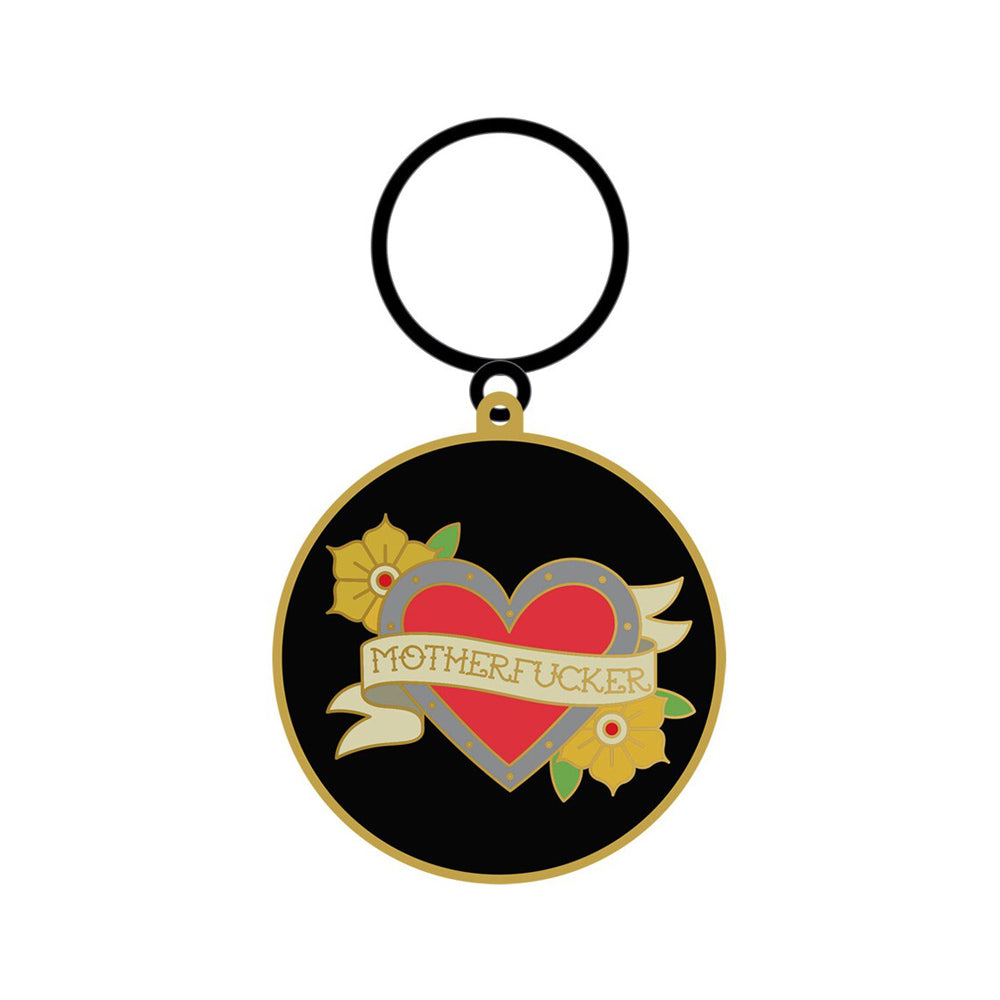 Tattoo heart keychain with "Motherfucker" banner in black and gold.