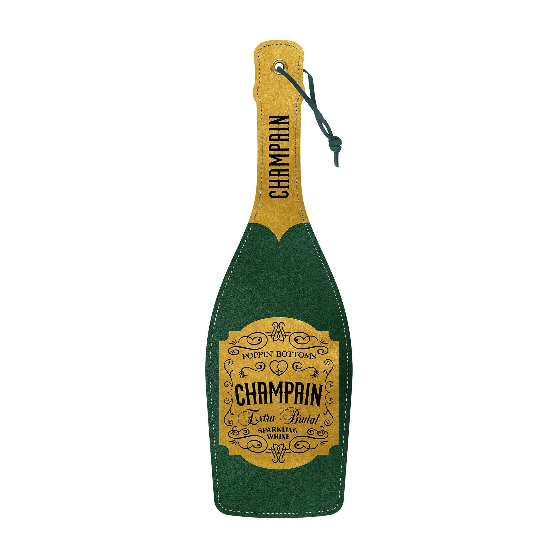 Champagne bottle shaped spanking paddle made of textured polyurethane.