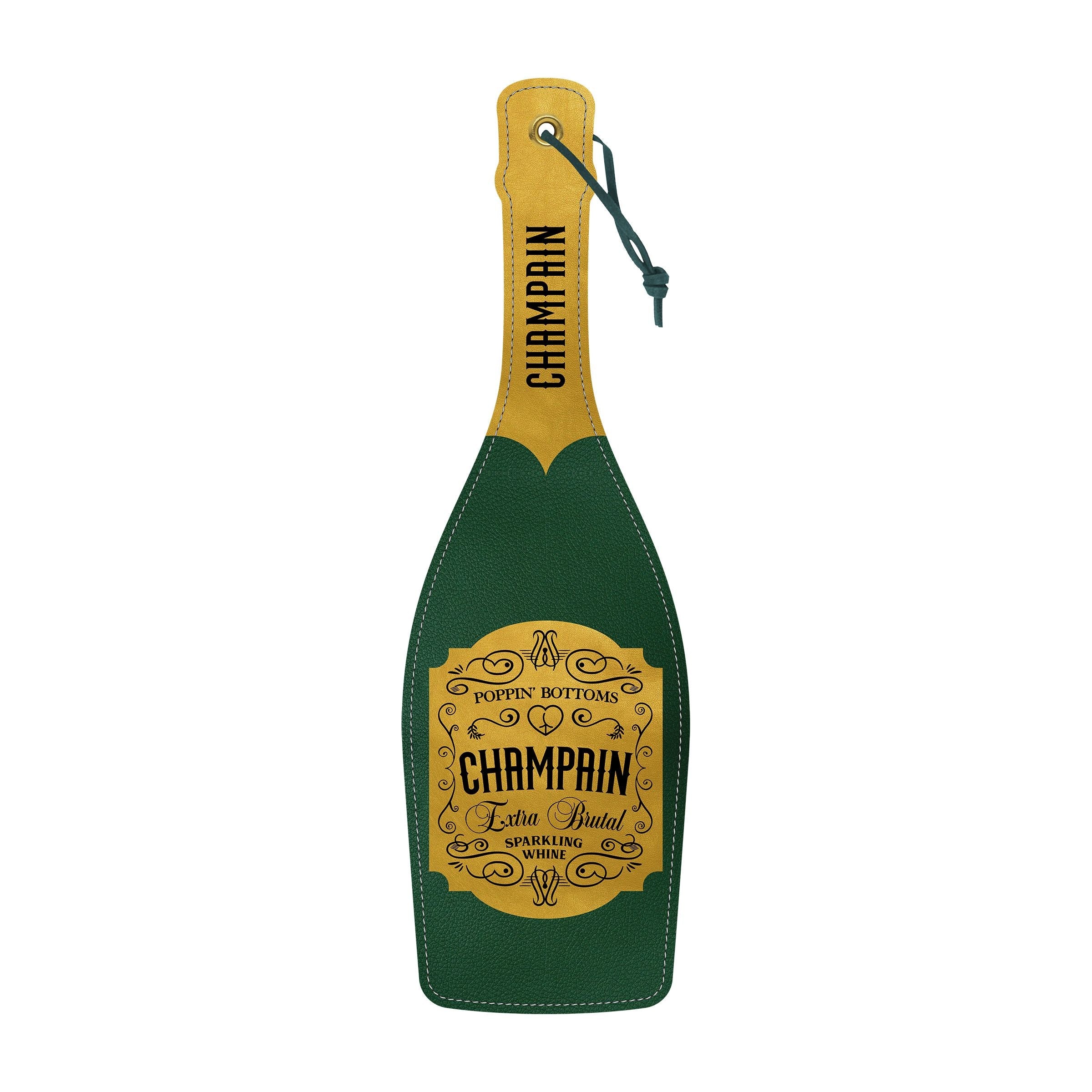 Champagne bottle shaped spanking paddle made of textured polyurethane.