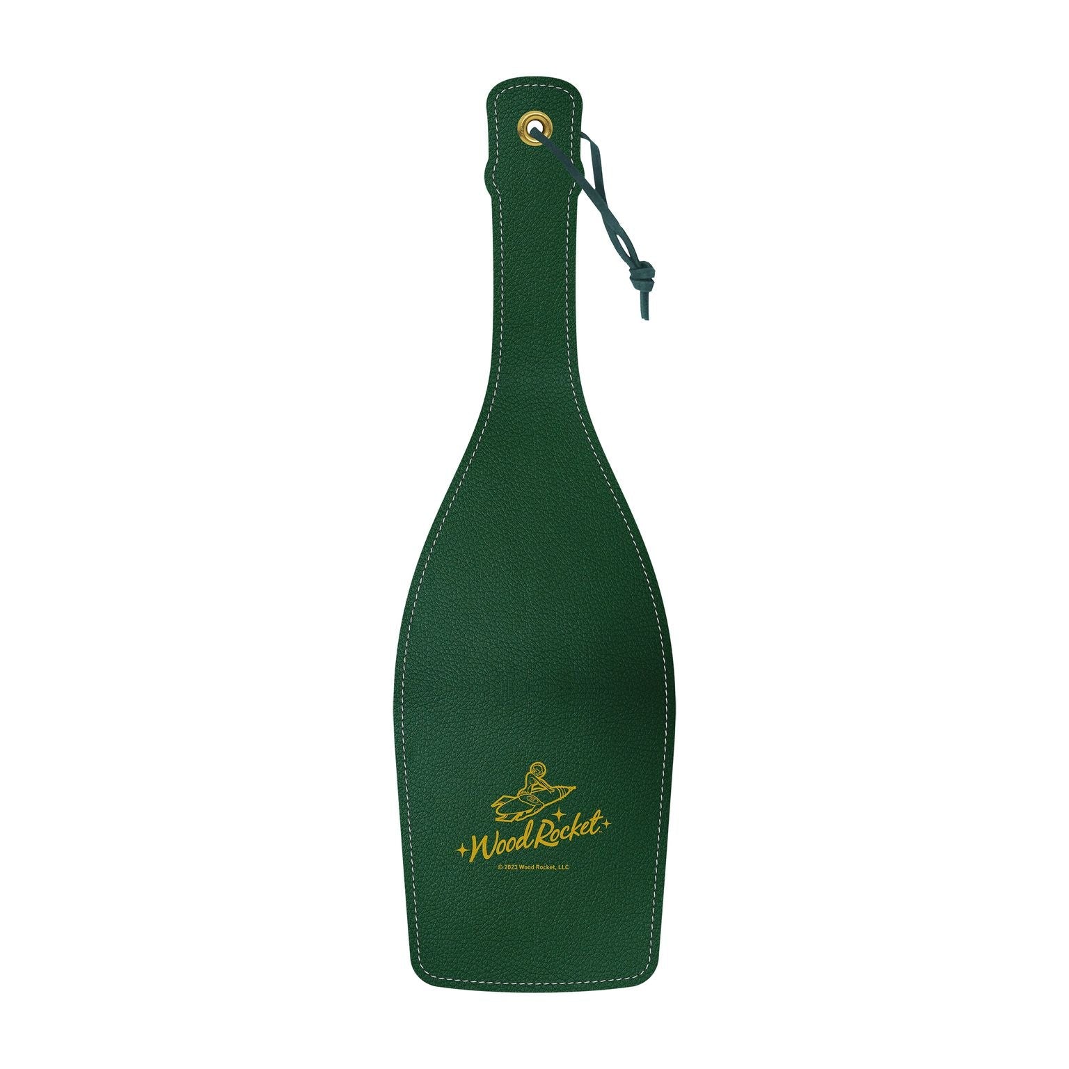 Champagne bottle shaped spanking paddle made of textured polyurethane.