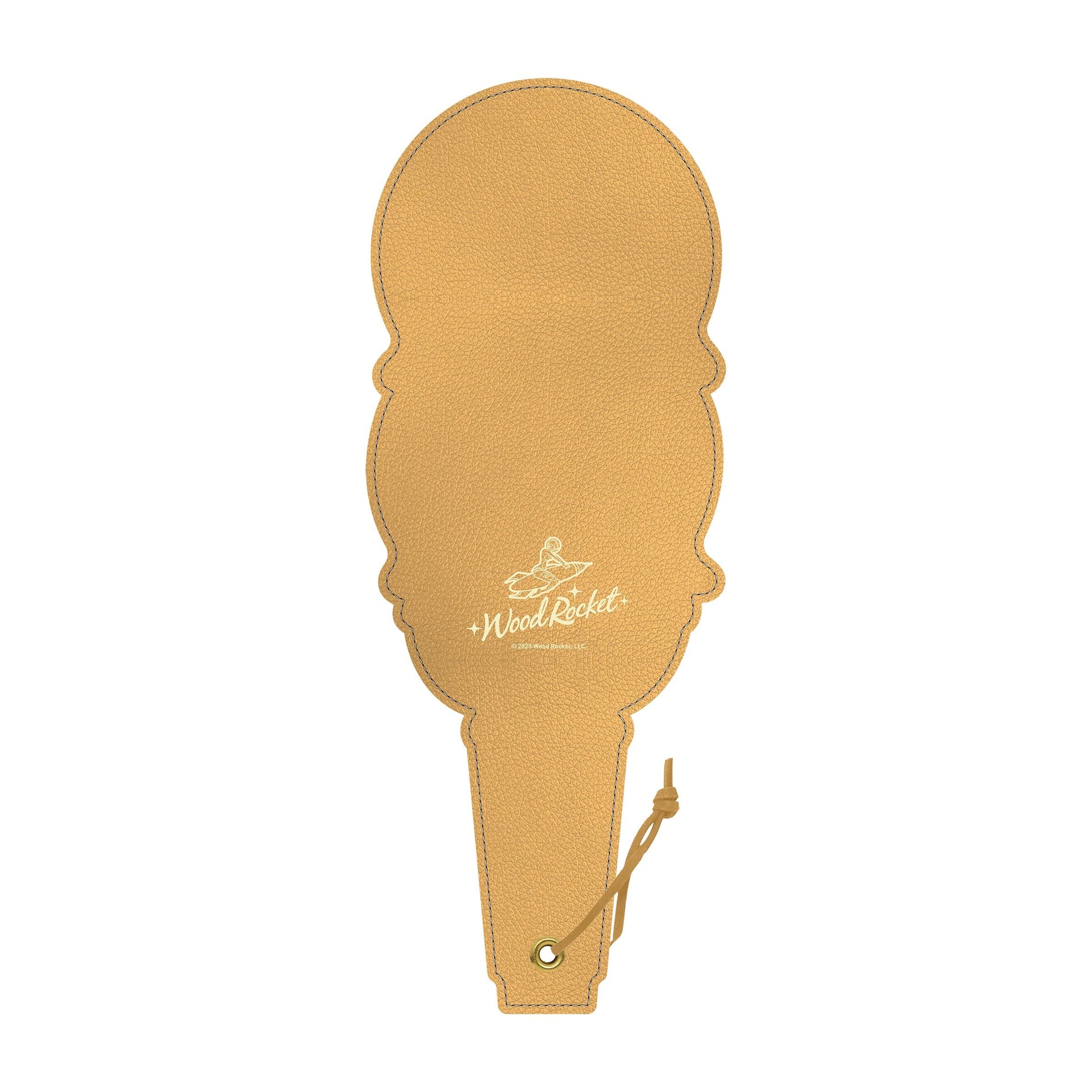 A tan polyurethane spanking paddle shaped like an ice cream cone with a leather tie.