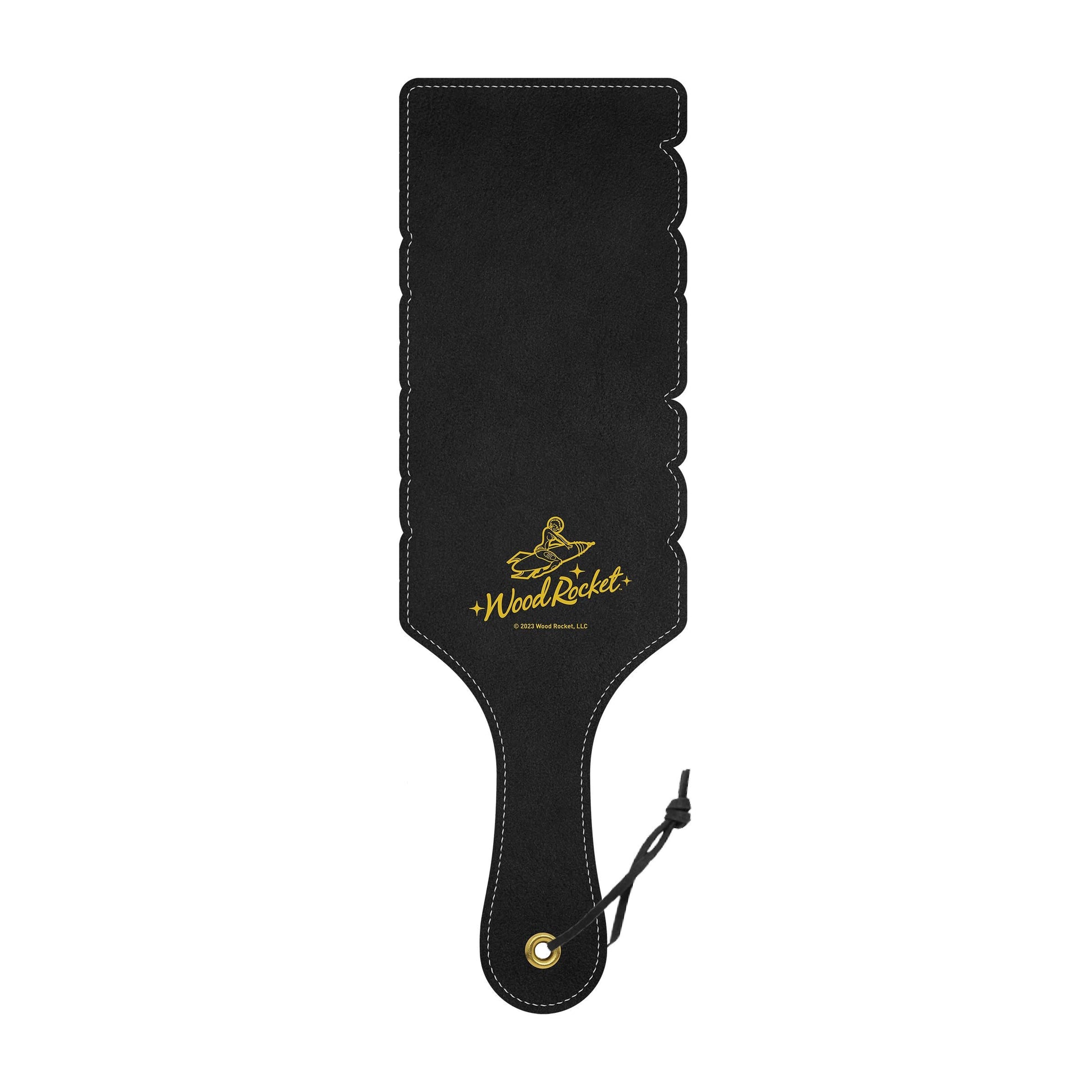 Black polyurethane spanking paddle with gold Wood Rocket logo and a hanging strap.