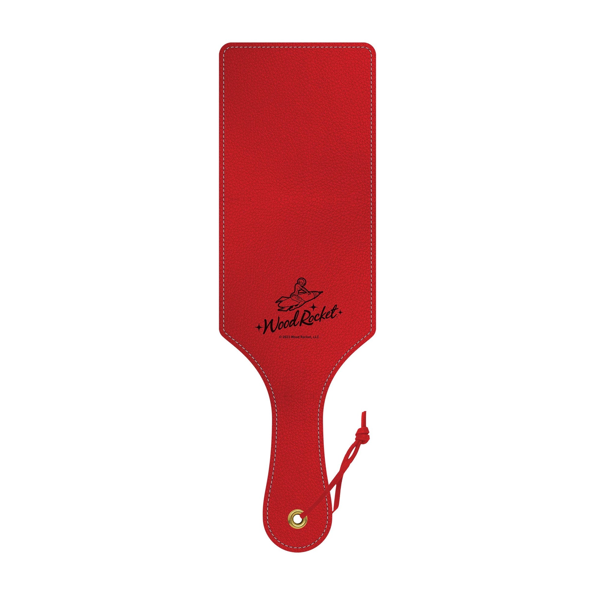 Red textured polyurethane spanking paddle with a Wood Rocket logo.
