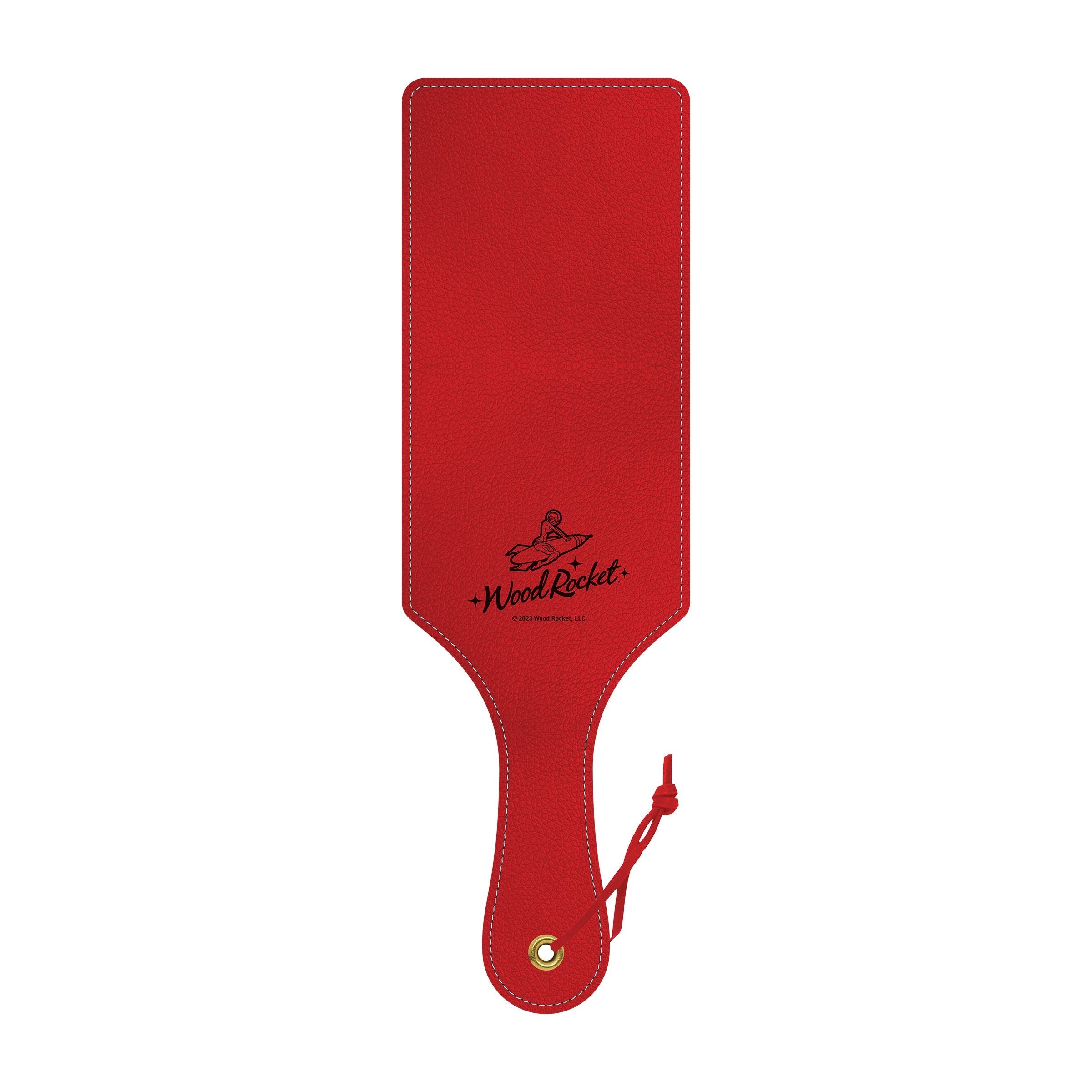 Red textured polyurethane spanking paddle with a Wood Rocket logo.