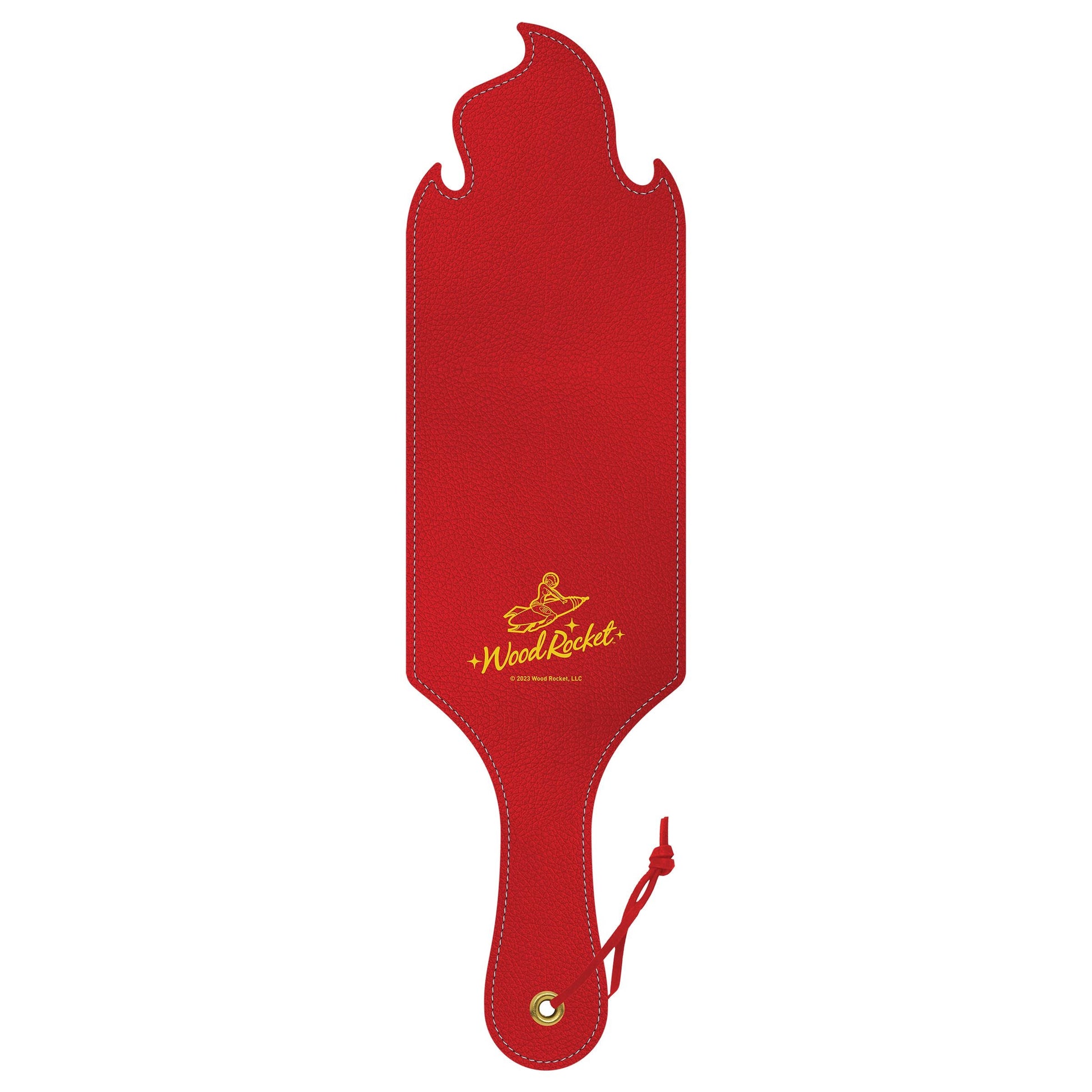 Red textured polyurethane spanking paddle with a flame-shaped top and a gold logo.