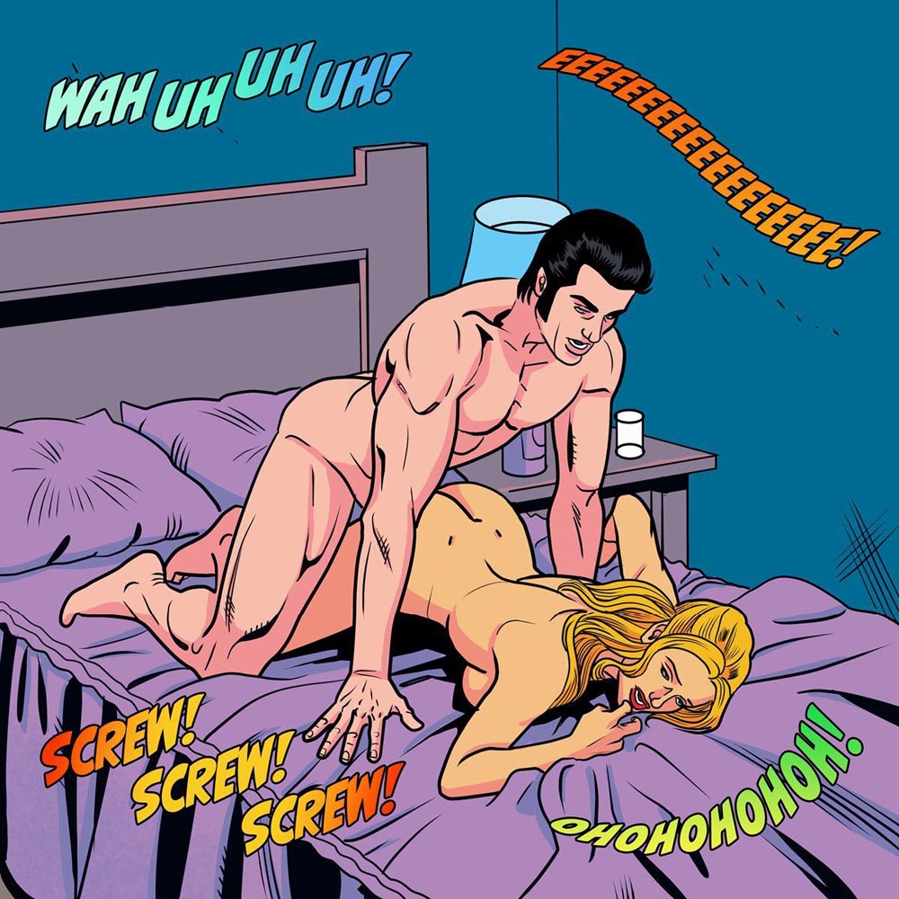 Glossy comic page showing a muscular man and blonde woman in bed, with speech bubbles of moans.