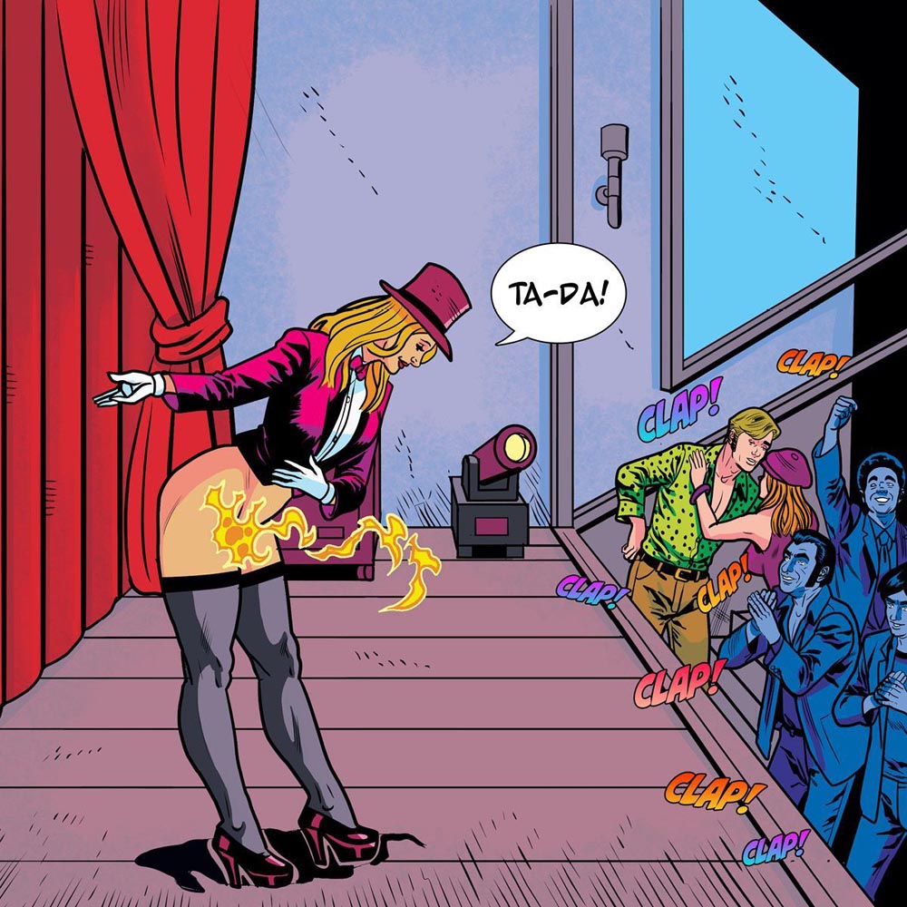 Comic book panel of a blonde magician woman in red outfit revealing a magical pussy on stage amid applause.