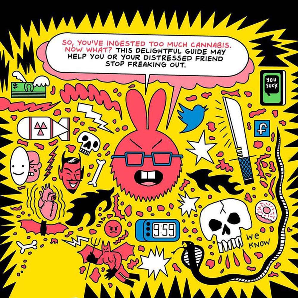 A graphic novel with a yellow background and cartoonish illustrations about cannabis.