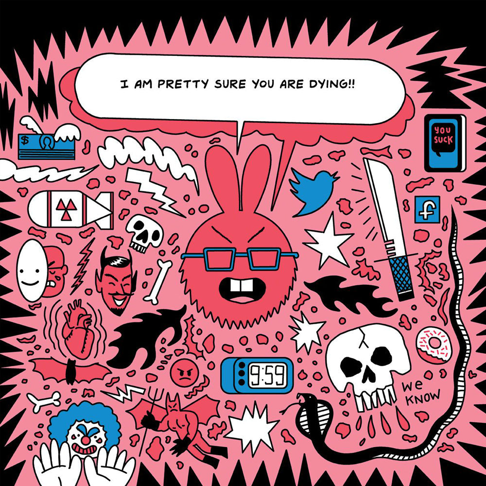 A pink graphic novel with a rabbit character and various symbols.