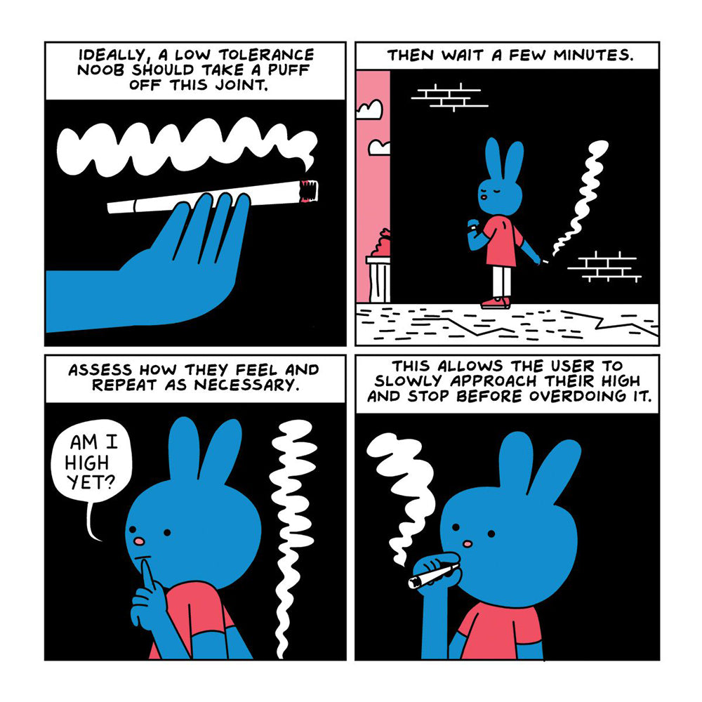 A comic book panel shows a blue rabbit character smoking and asking "Am I high yet?".