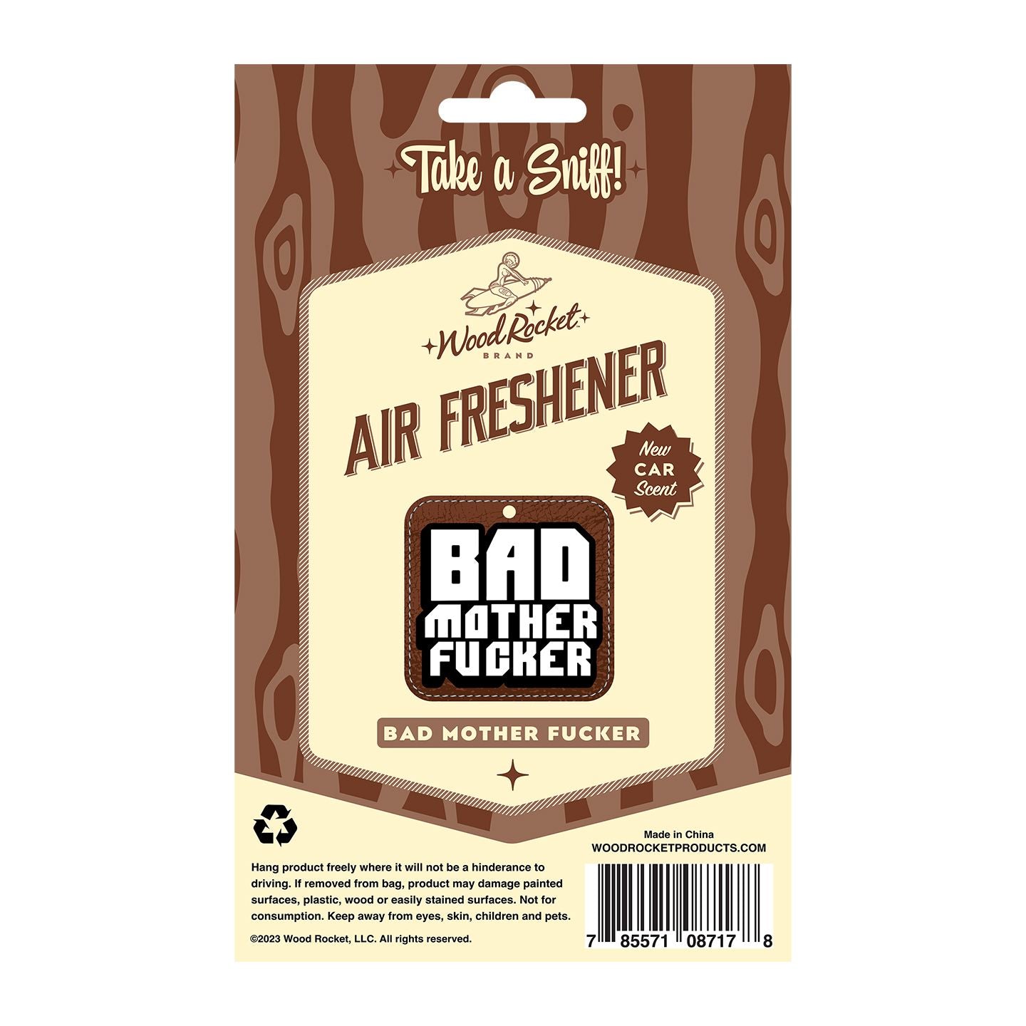 Wood Rocket Bad Mother Fucker air freshener with new car scent.