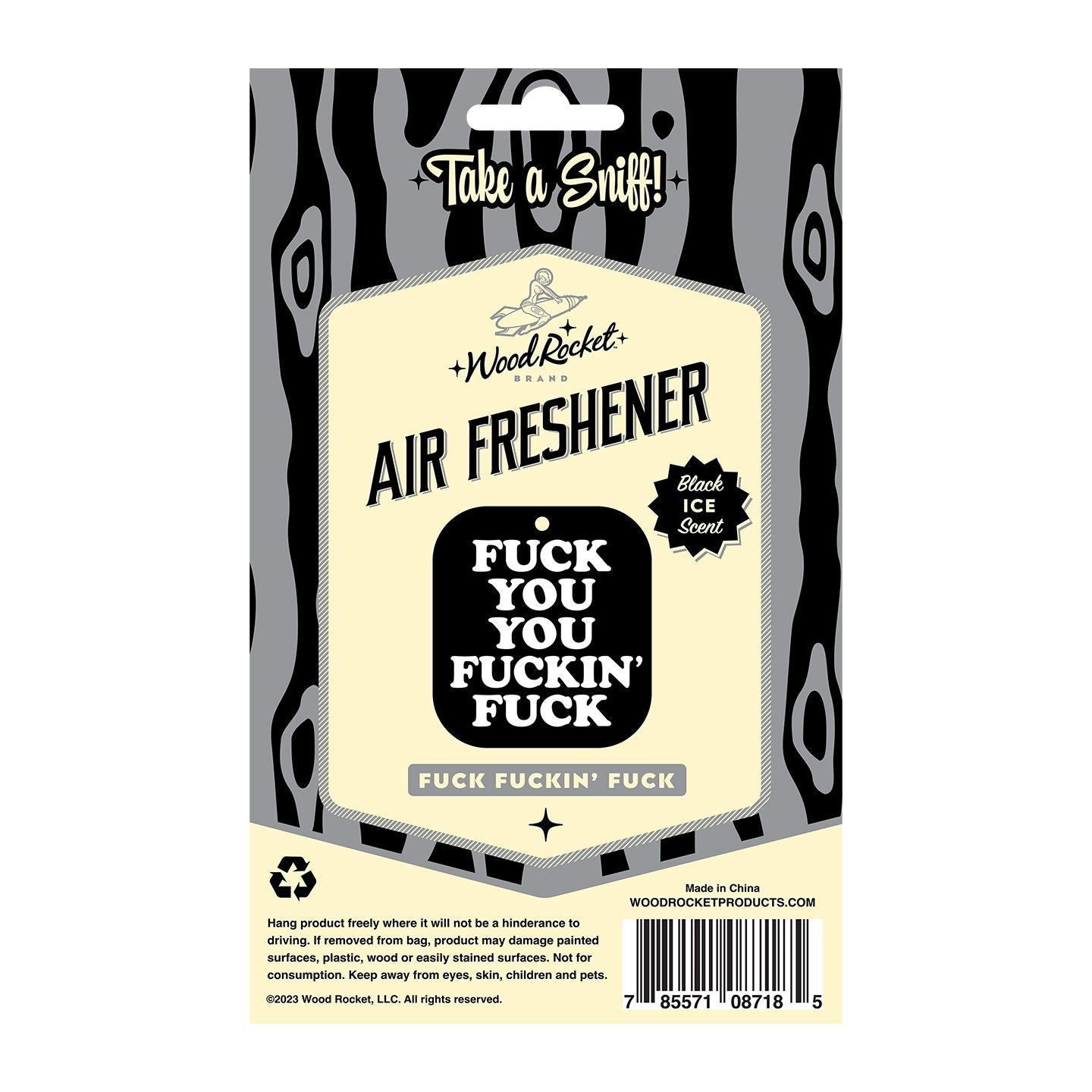 Black Ice scented novelty air freshener with bold text.