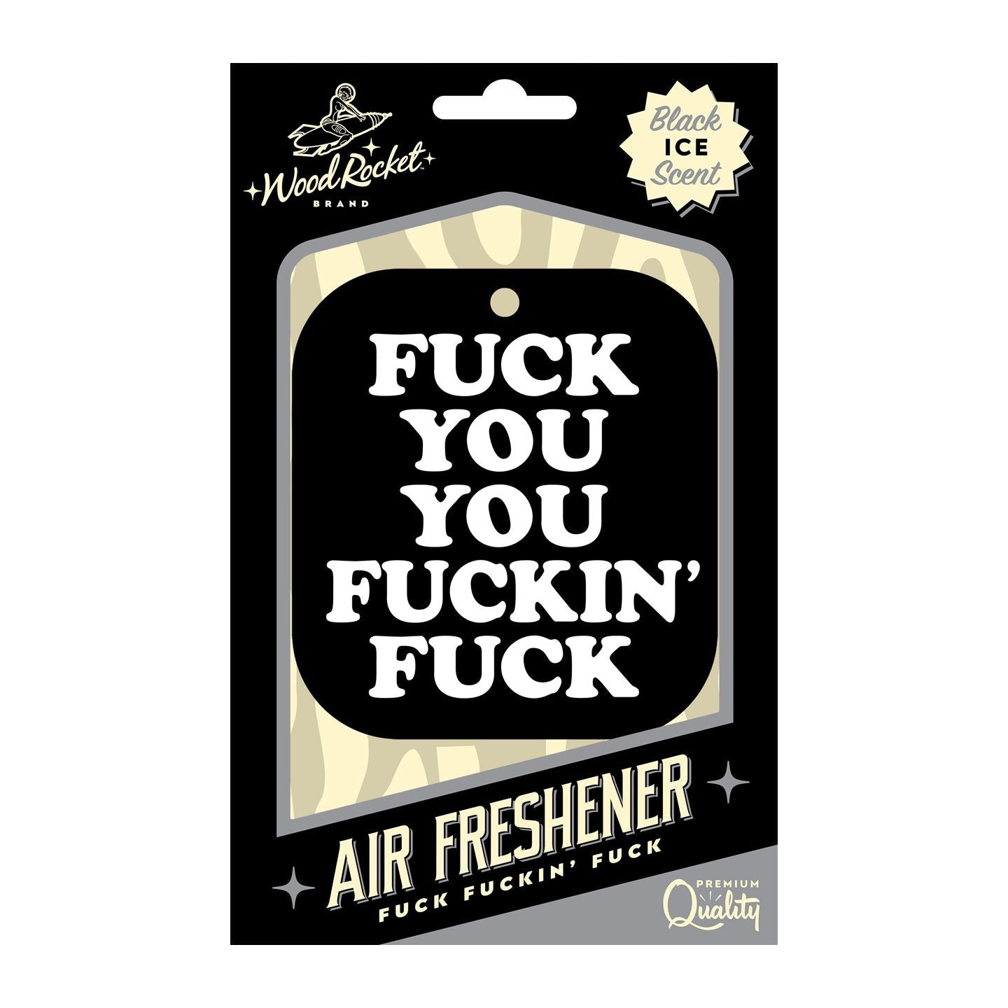Black Ice scented novelty car air freshener with bold text.
