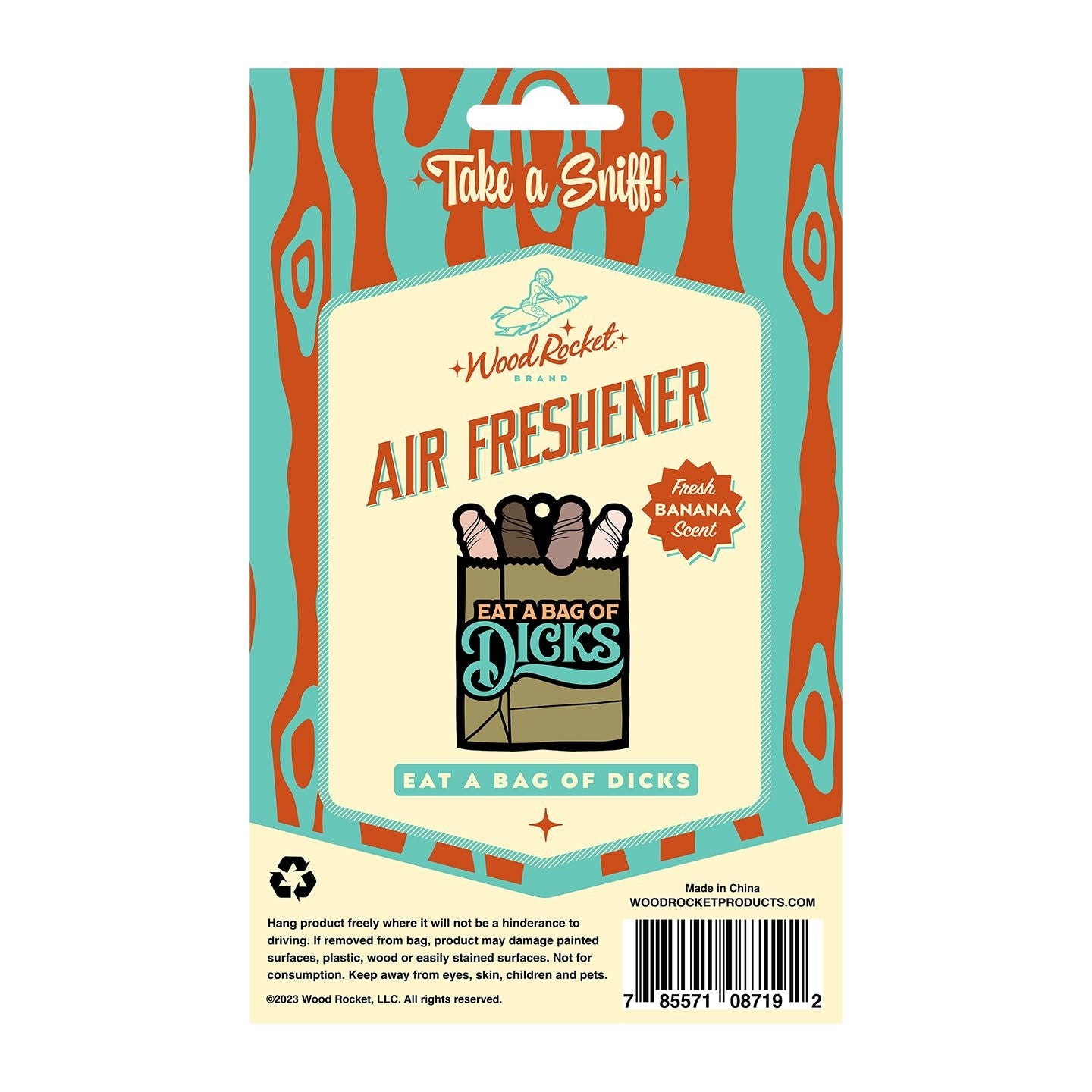 Banana scented novelty air freshener with a humorous design.
