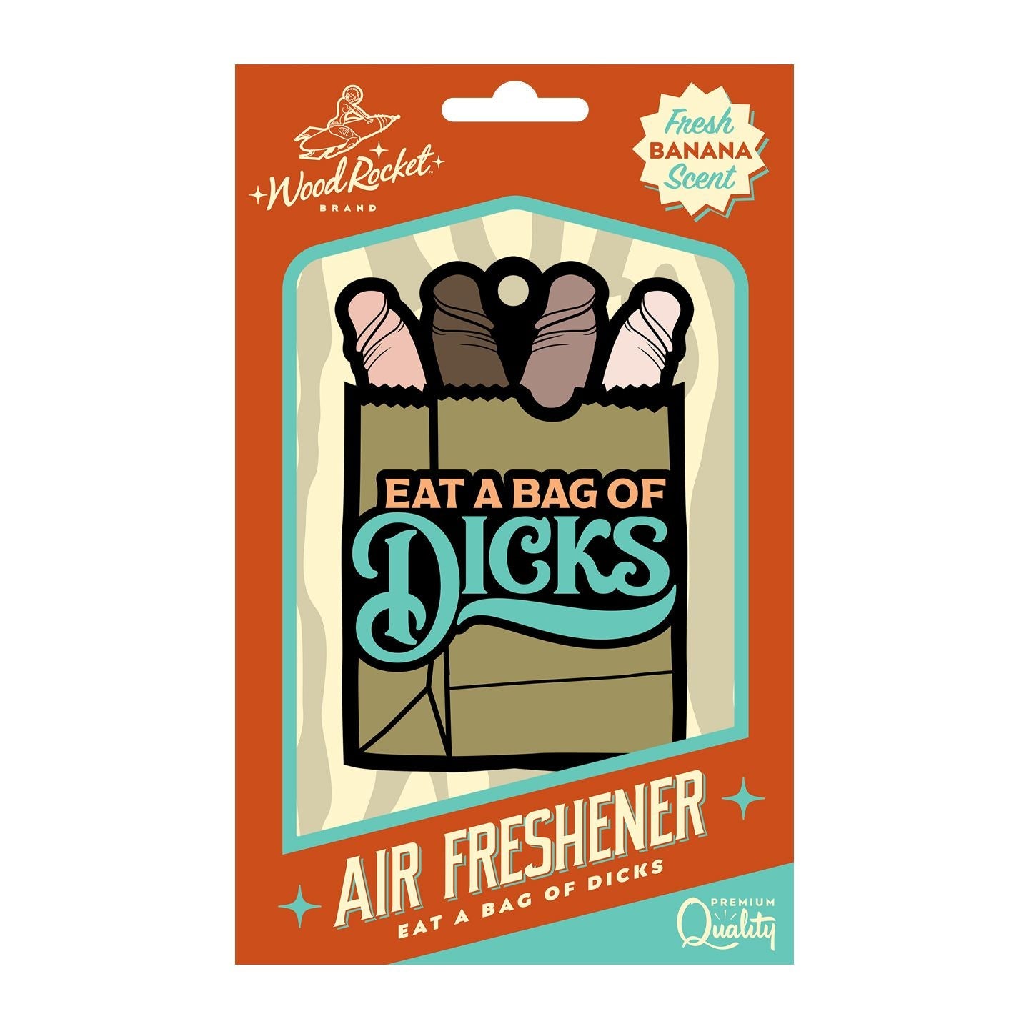 A novelty air freshener with a banana scent and a humorous design.