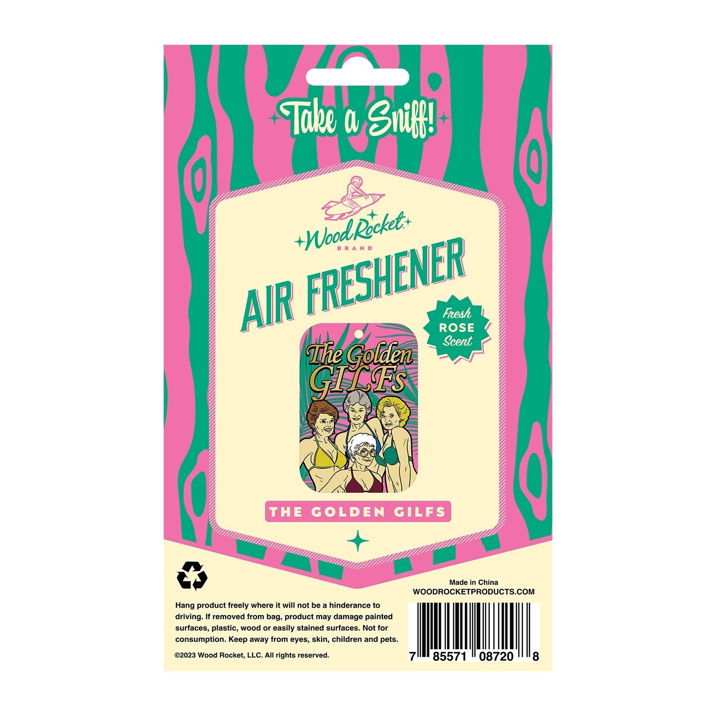 Golden Gilfs Rose Scented Air Freshener with a parody image.