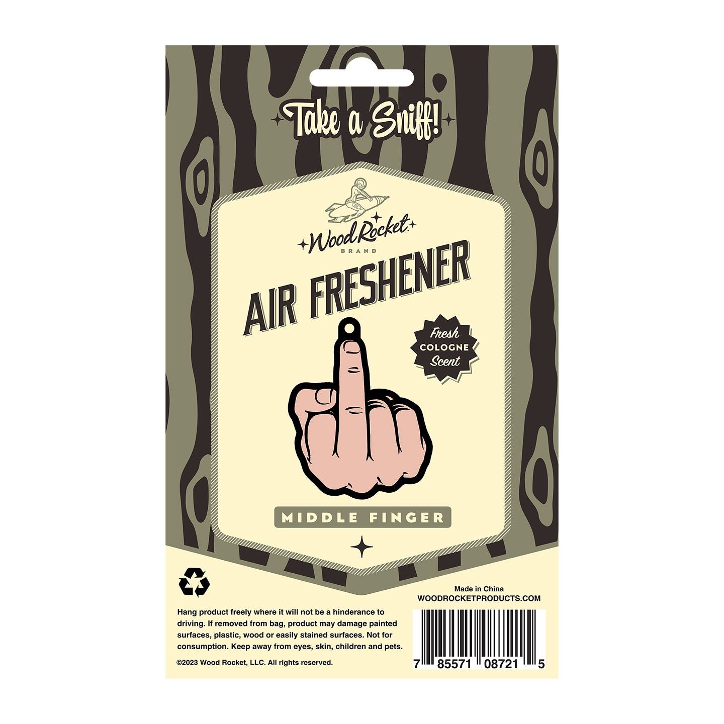 Wood Rocket Middle Finger air freshener with fresh cologne scent.