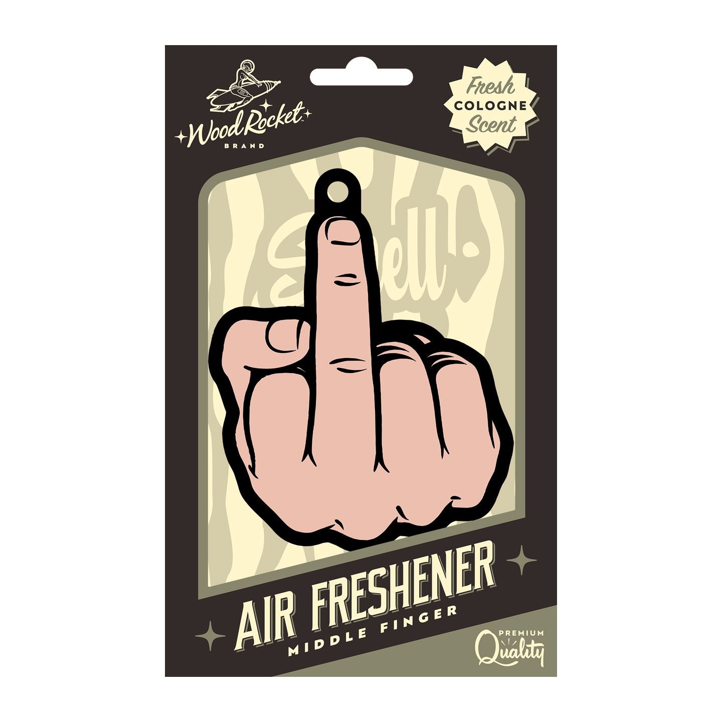 Wood Rocket Middle Finger air freshener with fresh cologne scent.