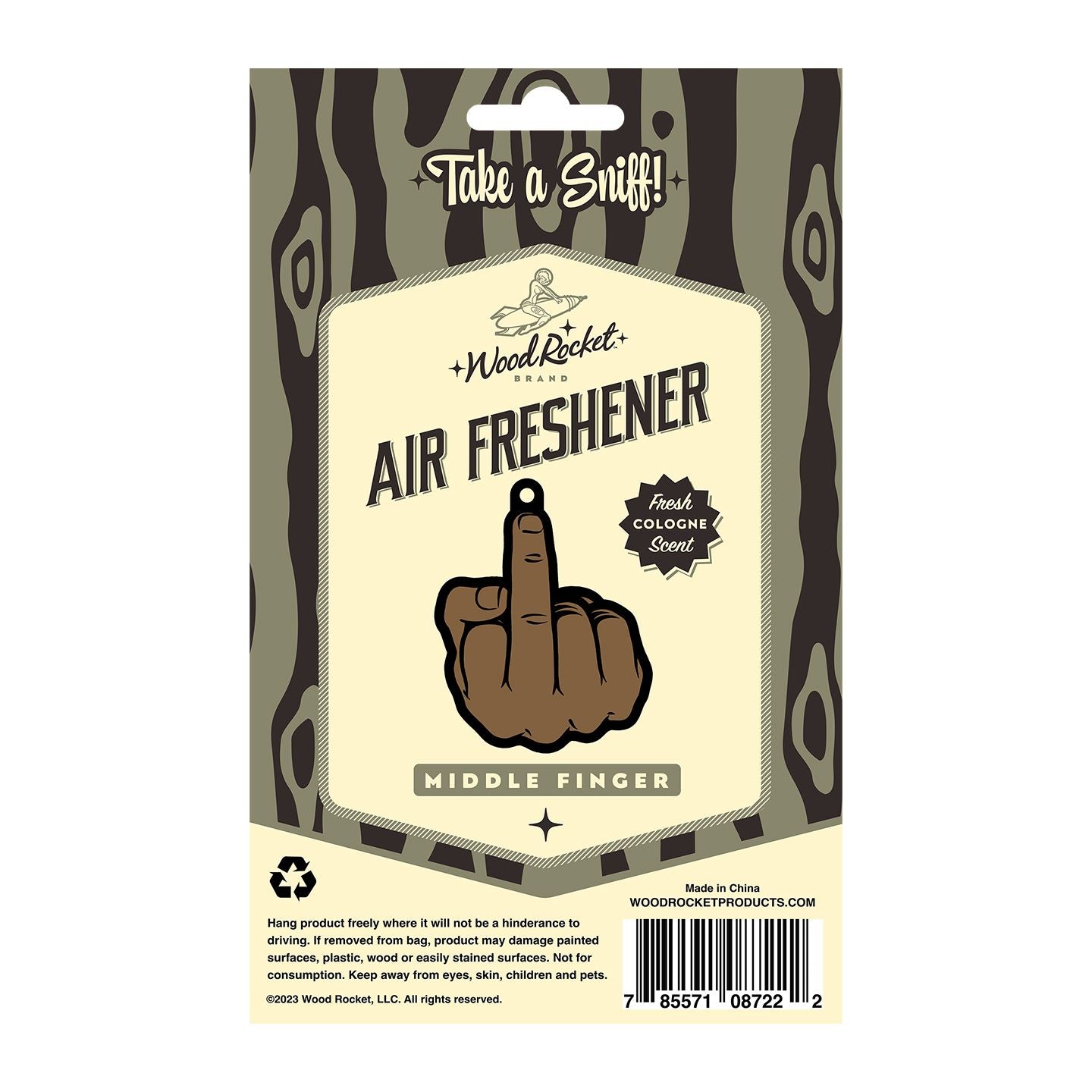 Wood Rocket Middle Finger air freshener with fresh cologne scent.