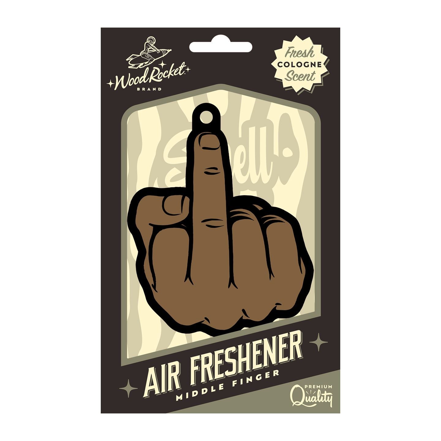 Wood Rocket middle finger air freshener with fresh cologne scent.