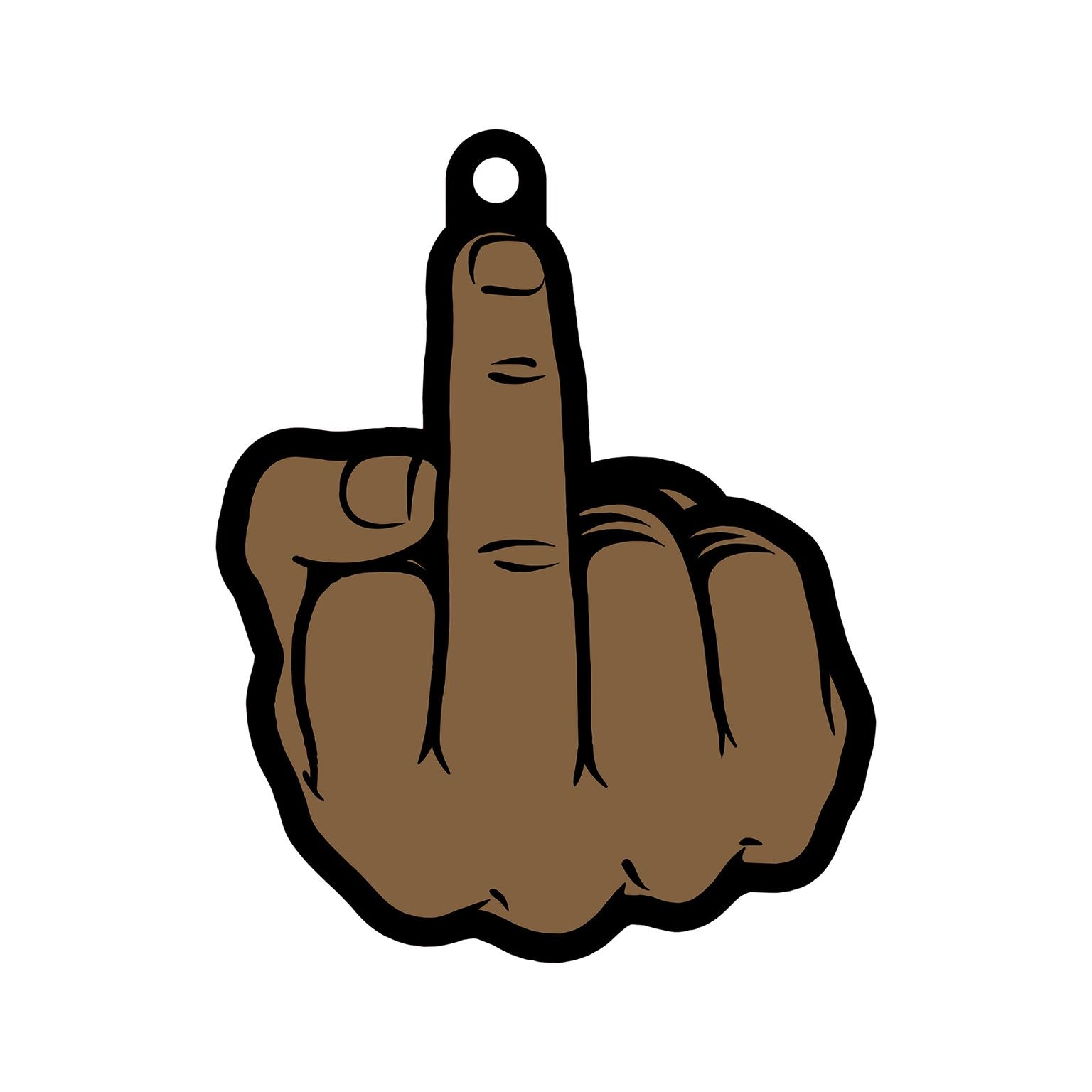 Brown middle finger shaped car air freshener with a hanging loop.