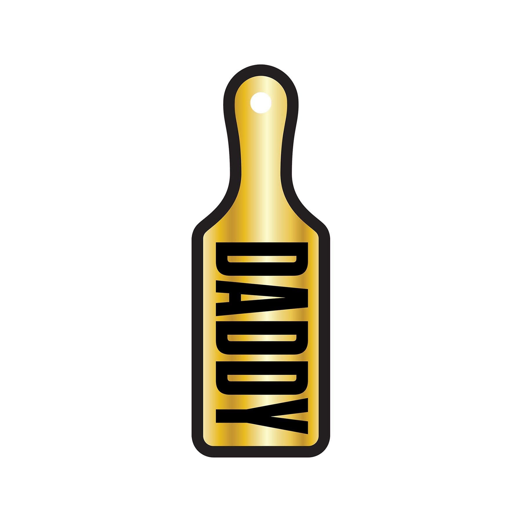 Golden paddle-shaped air freshener with the word DADDY in black letters.