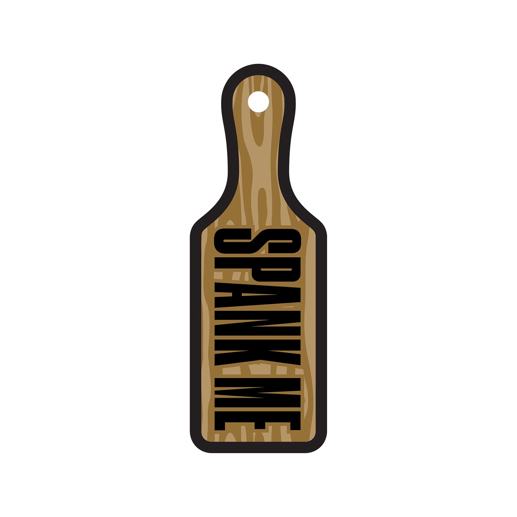 A wooden paddle shaped air freshener with "SPANK ME" written on it.