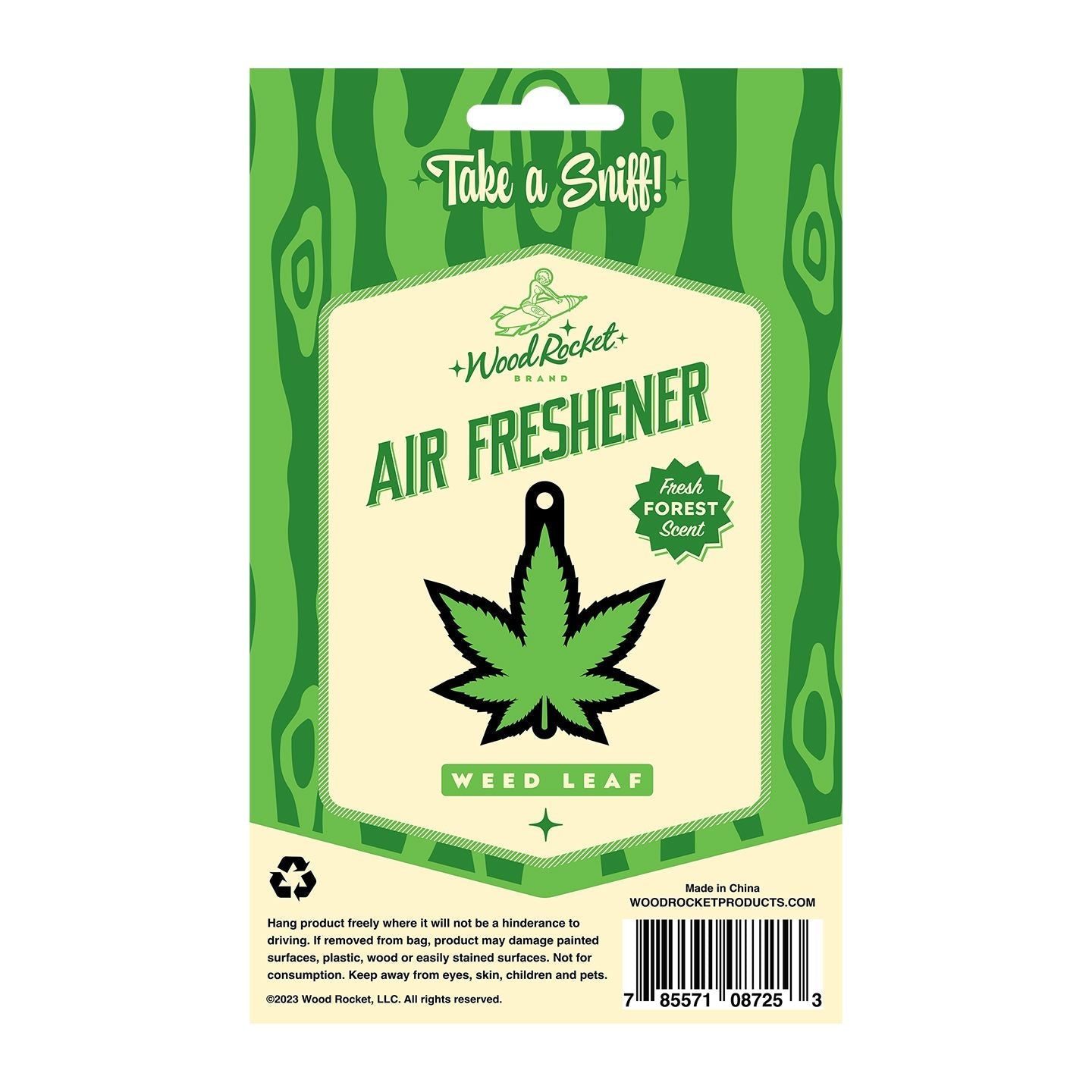 Green weed leaf air freshener with fresh forest scent.