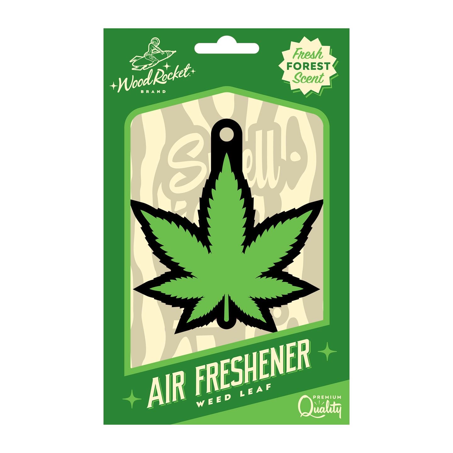 Green weed leaf air freshener with fresh forest scent.
