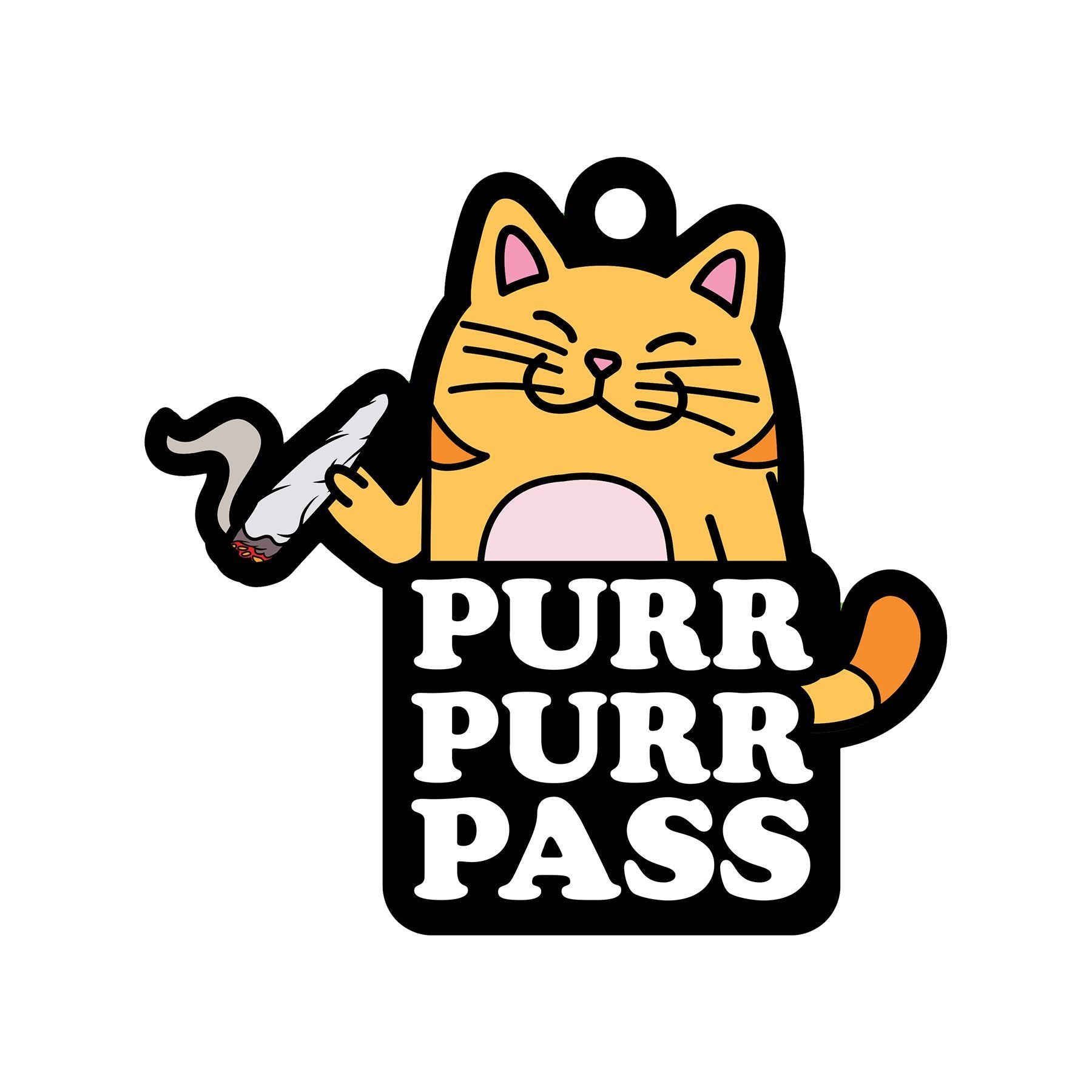 A cartoon cat holds a joint and a black rectangle with "PURR PURR PASS" written in white.
