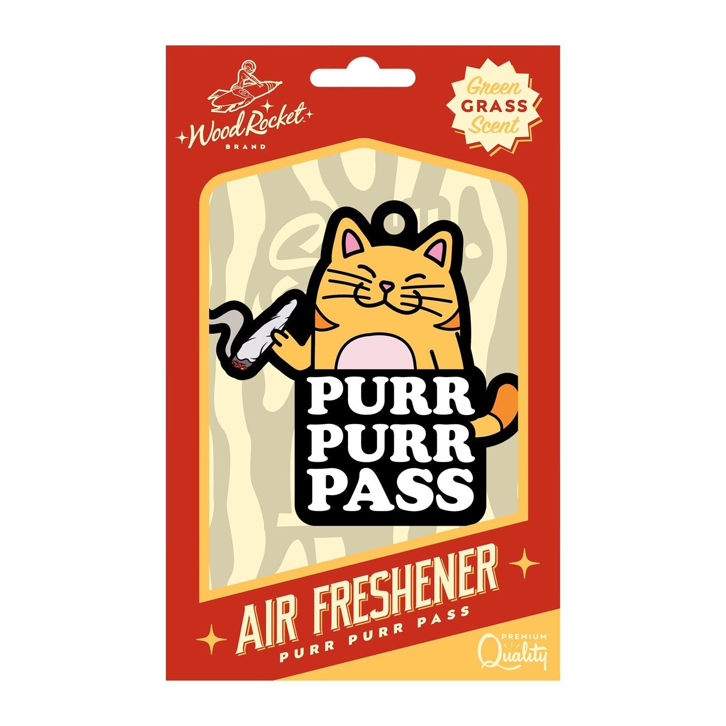 Wood Rocket Purr Purr Pass air freshener with green grass scent.
