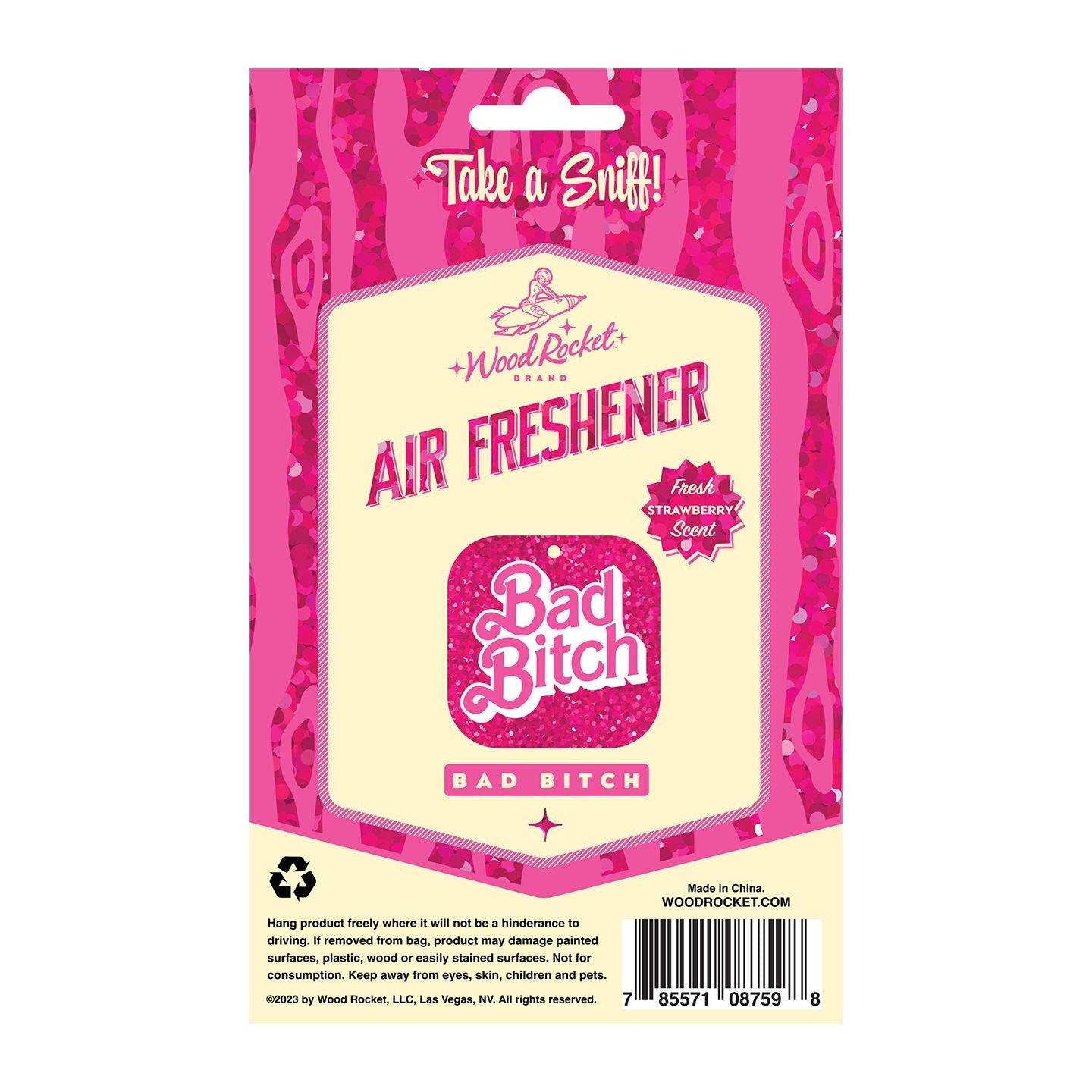 Bad Bitch Strawberry Scented Air Freshener with Wood Rocket branding.