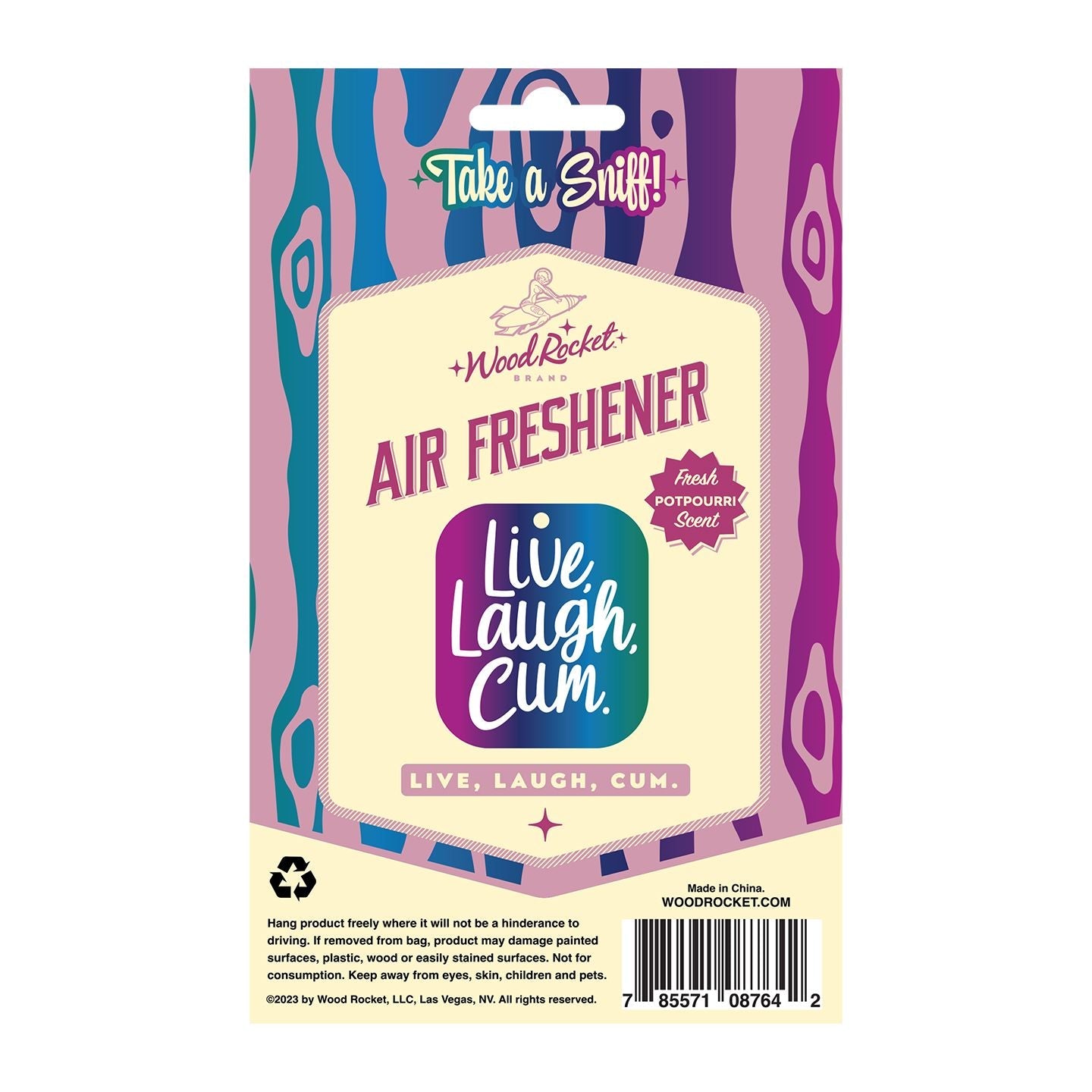 Wood Rocket Live Laugh Cum air freshener with potpourri scent.