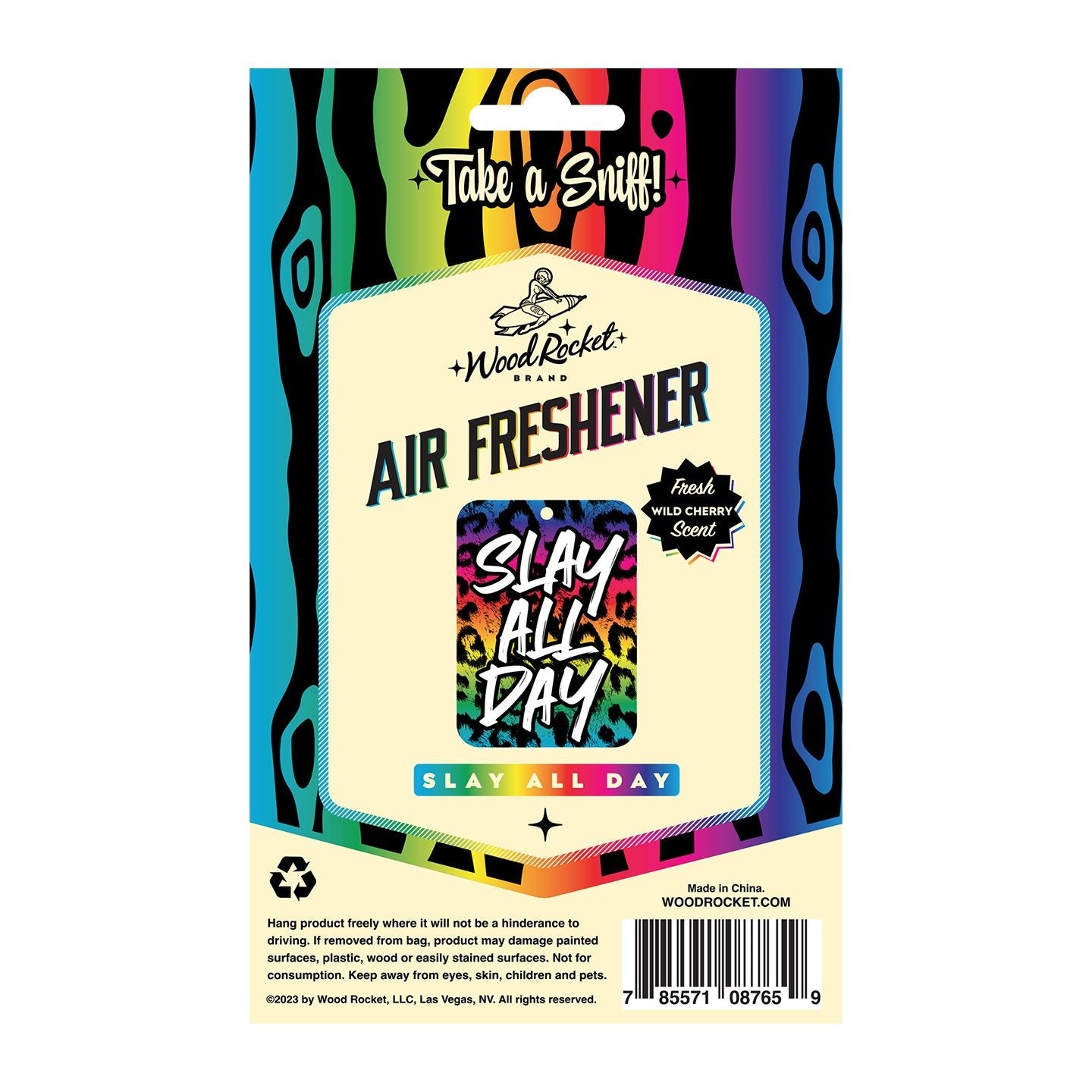 Slay All Day Wild Cherry scented car air freshener with leopard print.