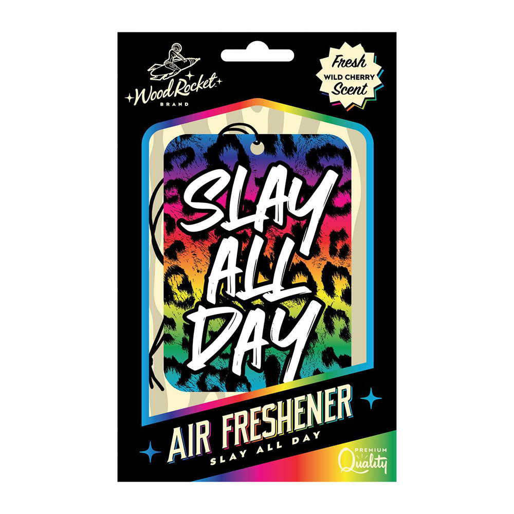 Wood Rocket Slay All Day air freshener with wild cherry scent and leopard print.