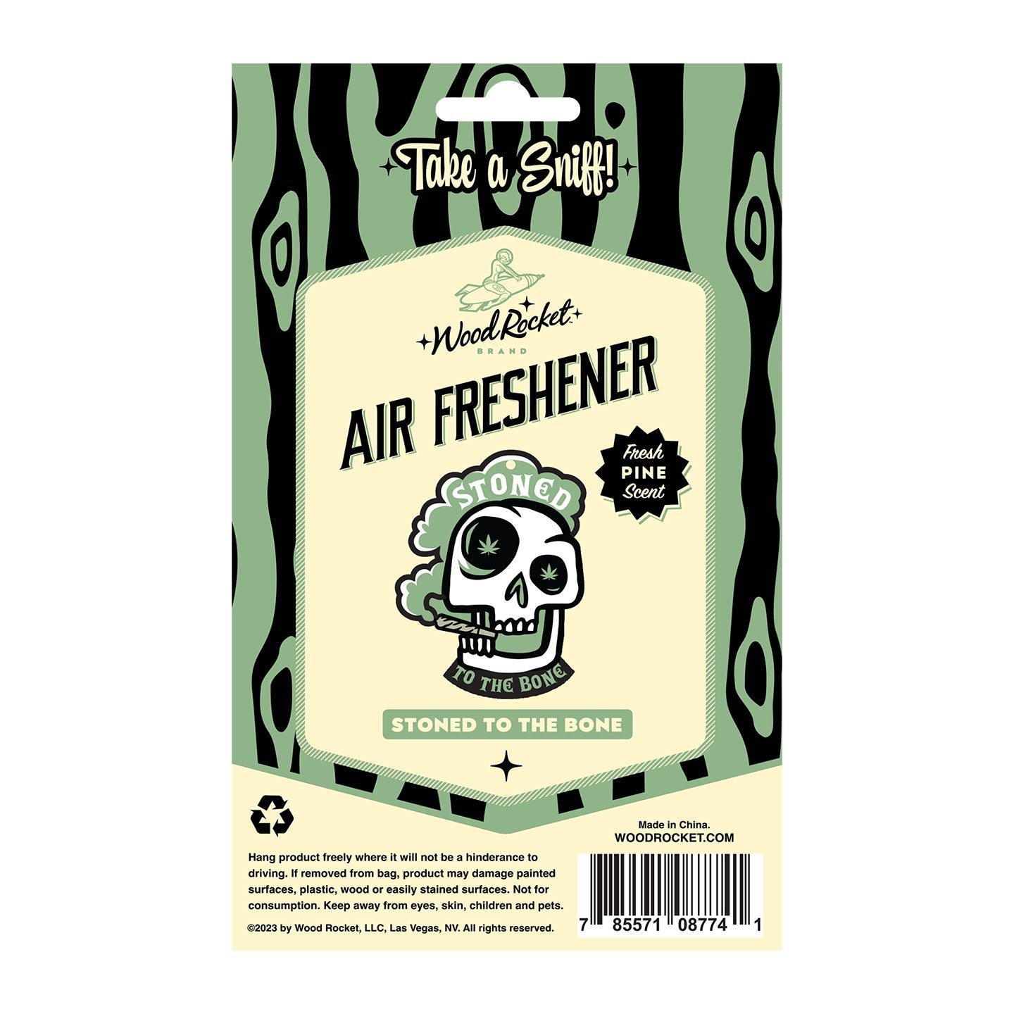 Wood Rocket Stoned to the Bone air freshener with fresh pine scent.